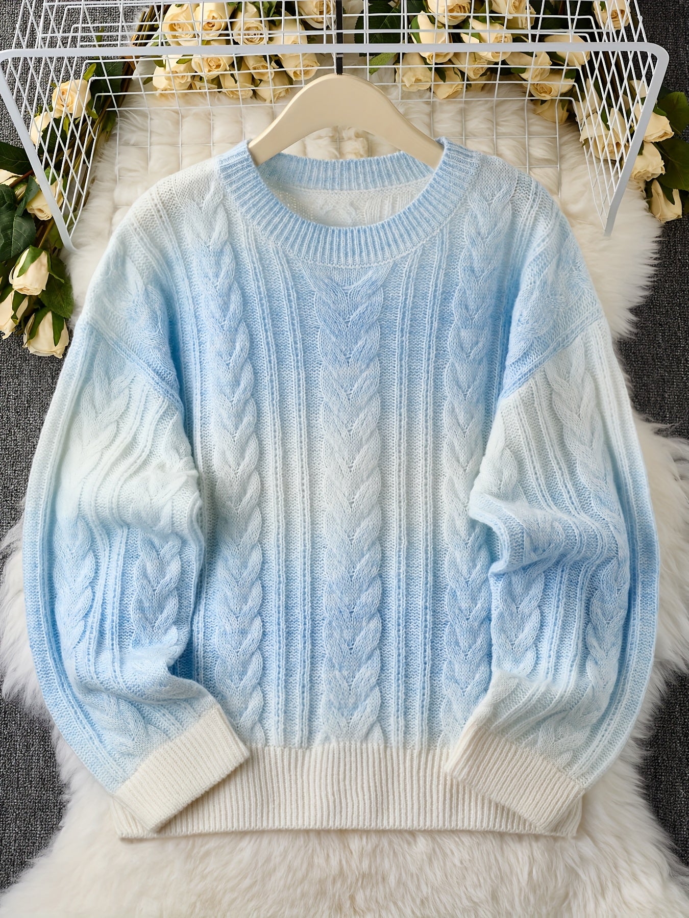 New Thickened Twisted Long Sleeve Sweater for Women in Lazy Style Blue Top
