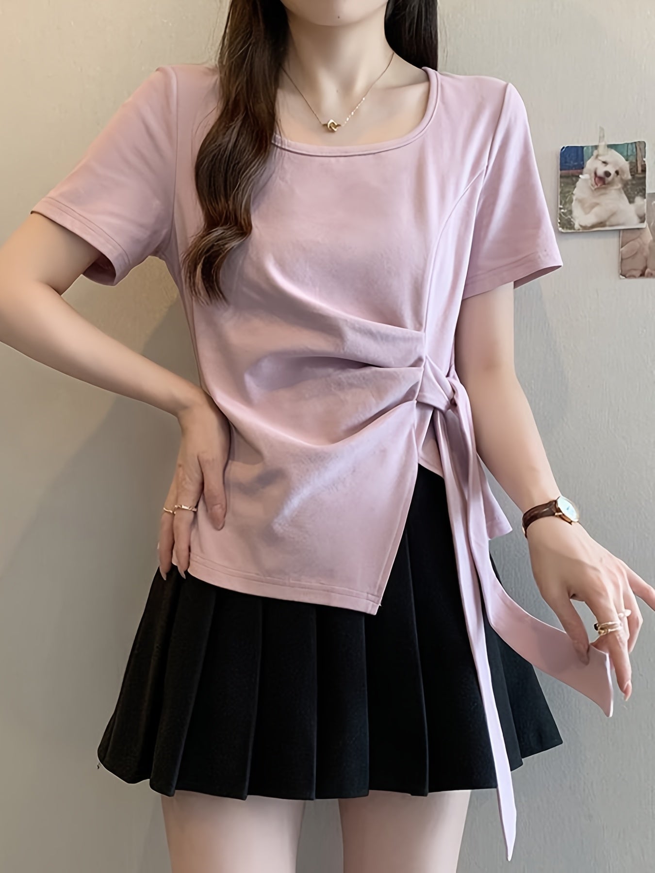 Women'S Light Blue Asymmetrical Short Sleeve Top with Tie-Waist Detail - Casual Summer Blouse