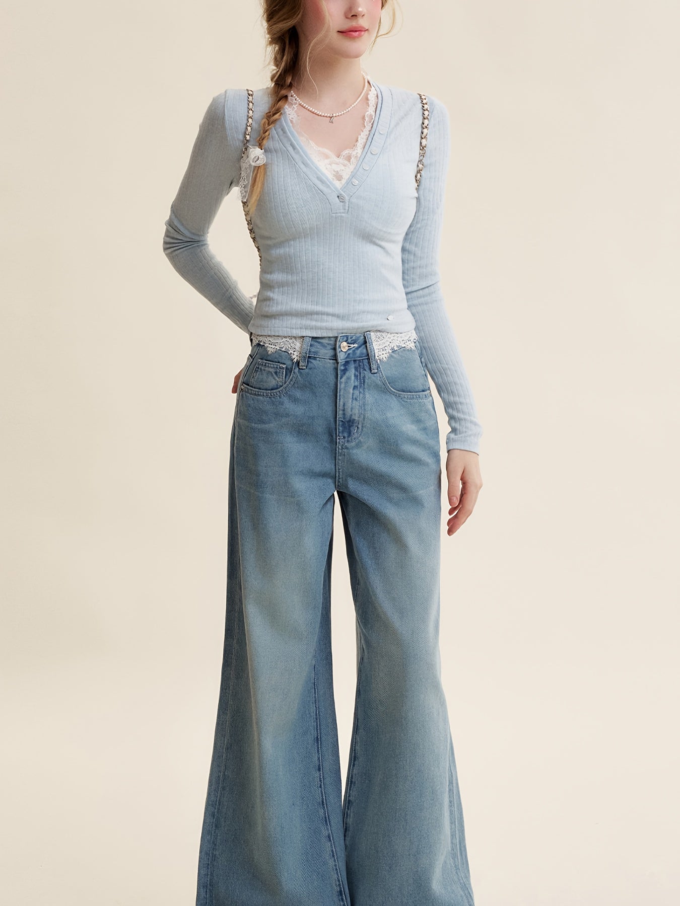 Women's Y2K Korean Style Slim-Fit Lace Trim Blouse - Low Neck Long Sleeve Button-Front Shirt