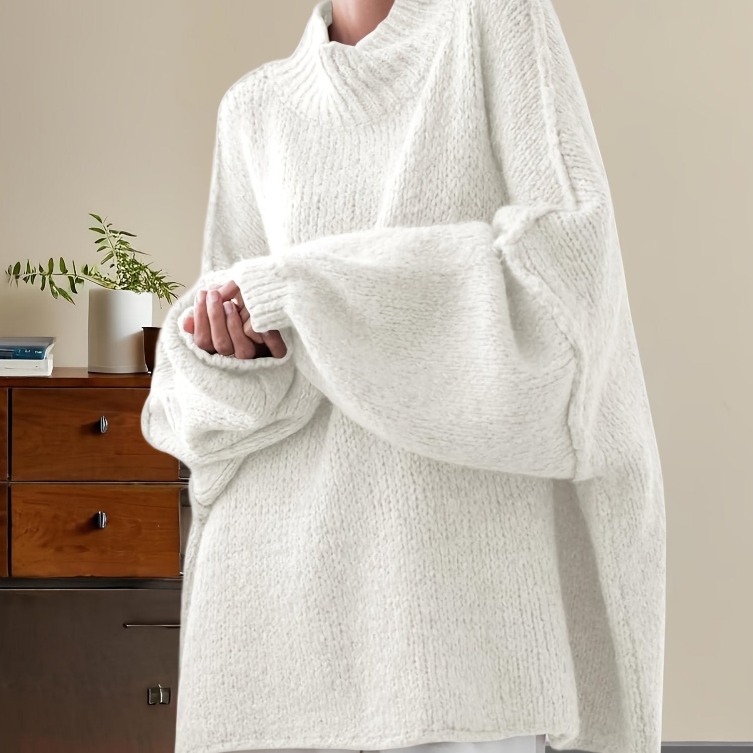 Women'S Oversized Batwing Sweater - Soft Stretchy Ribbed Tunic with Mock Neck & Asymmetrical Hem