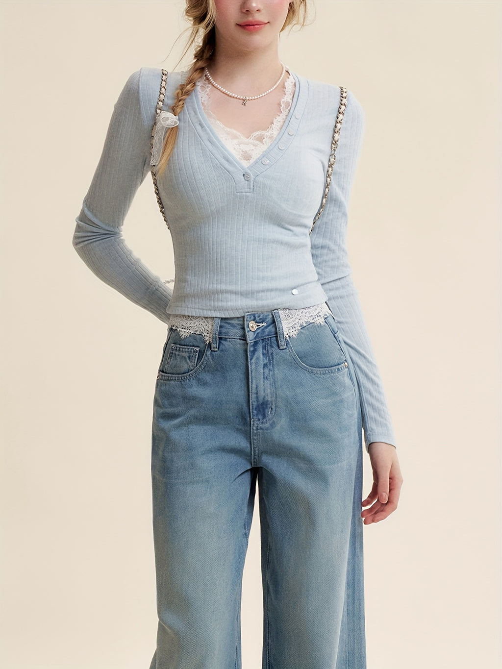 Women's Y2K Korean Style Slim-Fit Lace Trim Blouse - Low Neck Long Sleeve Button-Front Shirt