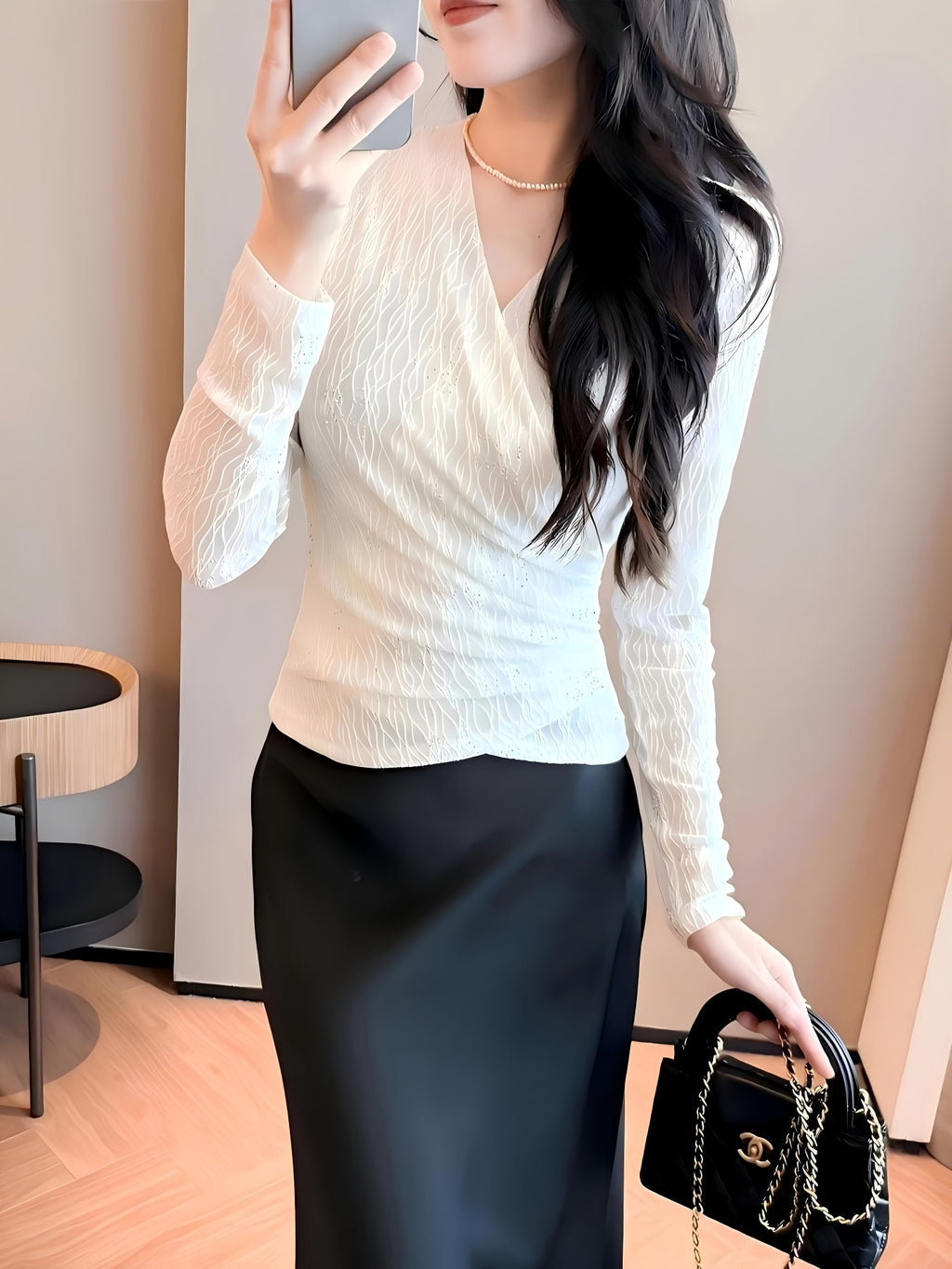 Women'S Elegant V-Neck Long Sleeve T-Shirt - Slim Fit Cross-Over Top with Rhinestone Embellishments