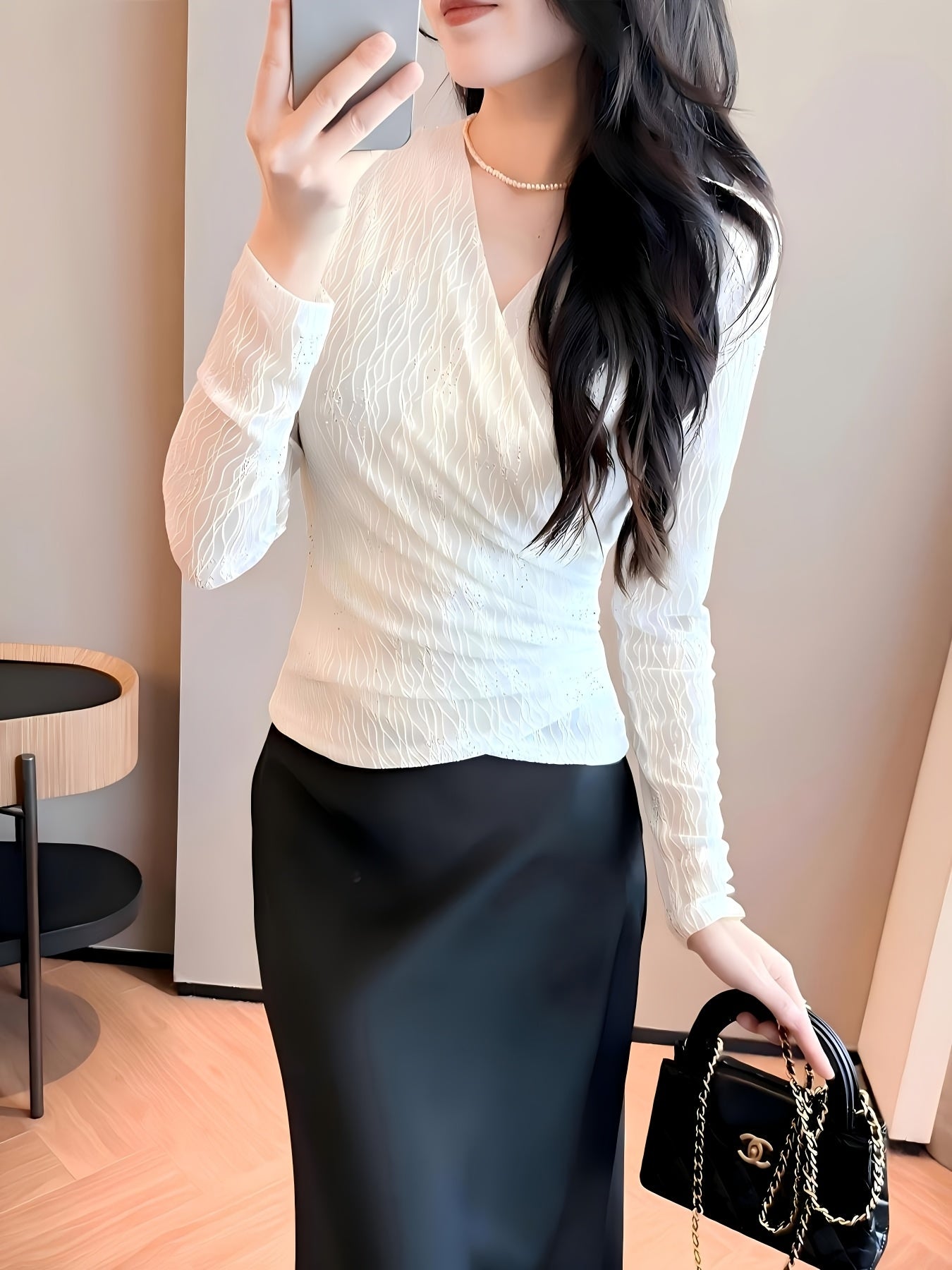 Women'S Elegant V-Neck Long Sleeve T-Shirt - Slim Fit Cross-Over Top with Rhinestone Embellishments