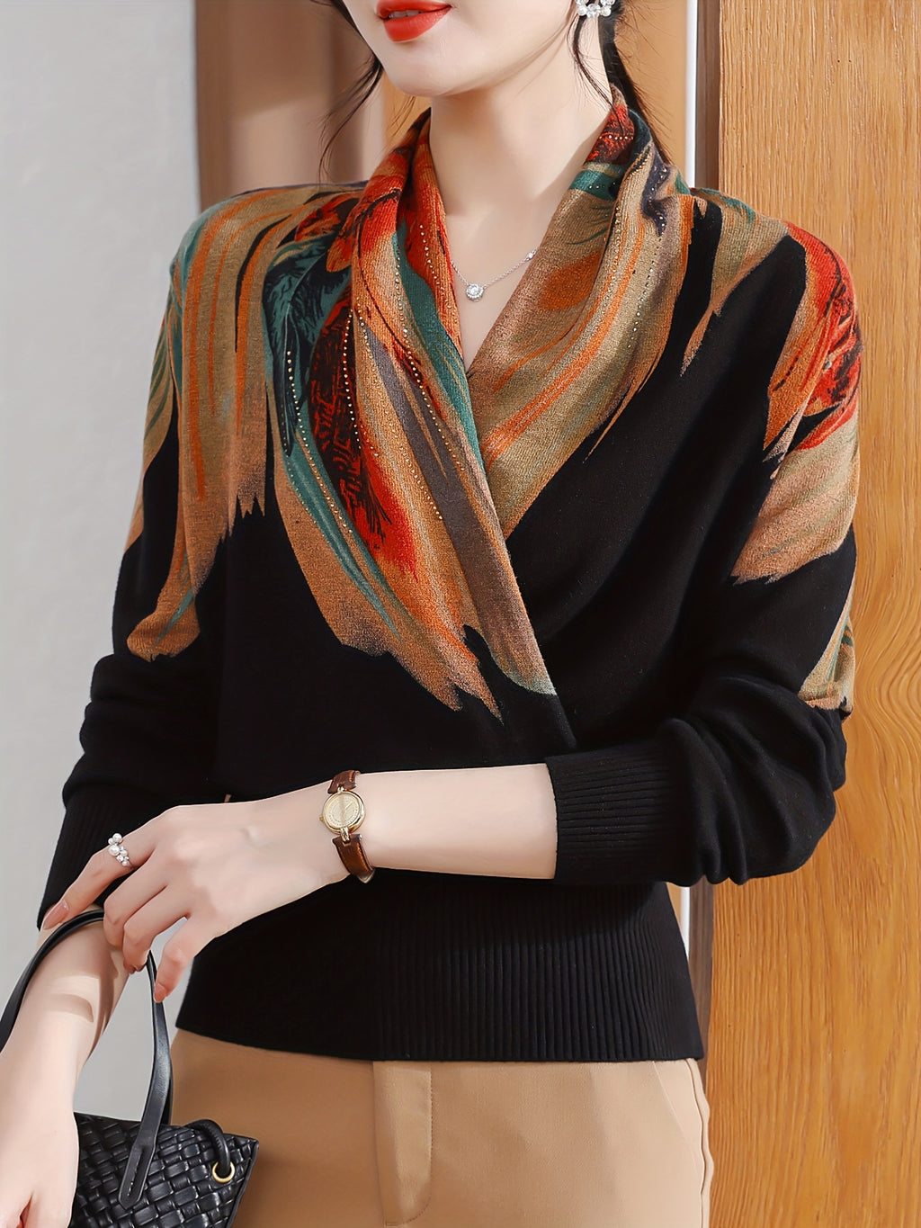 Women's Elegant Long-Sleeve Sweater - Multicolor Print