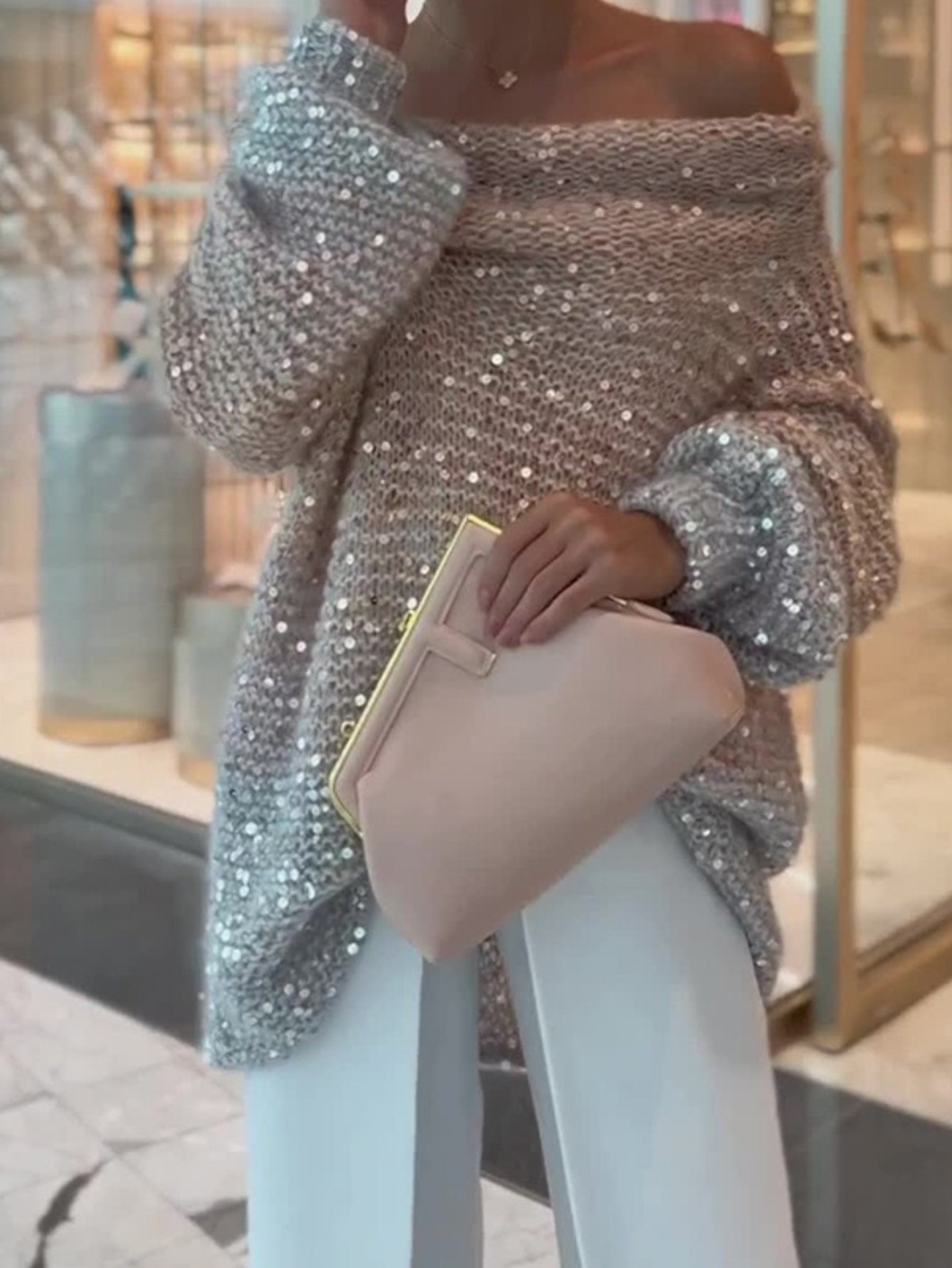 Women's Sparkling Off-the-Shoulder Sweater with Asymmetrical Sequin Sleeves - Winter Warm Loose-Fit H-Line Blazer-like Jacket