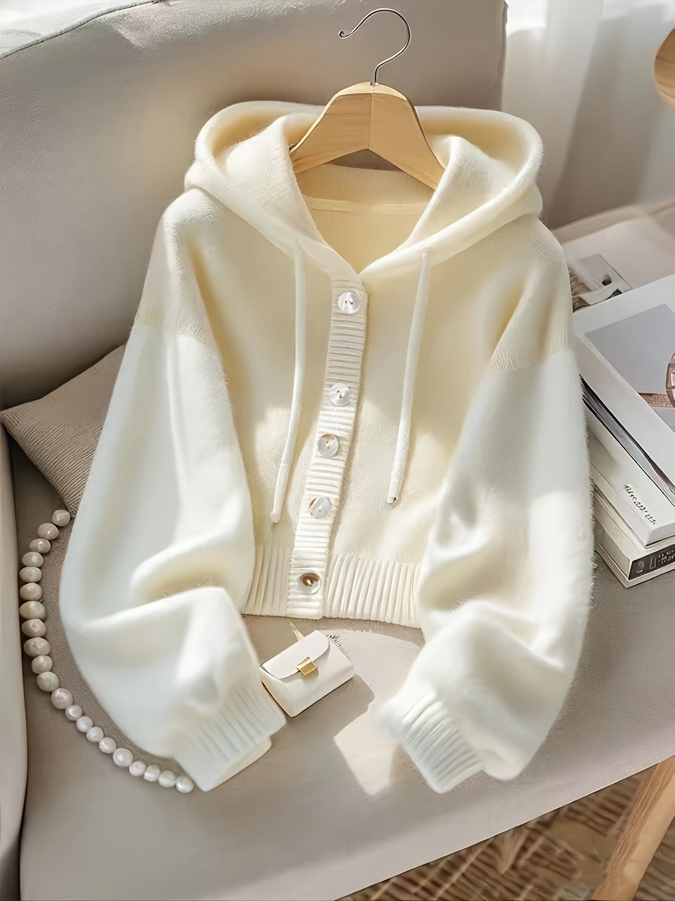 Women'S Ivory Yellow Oversized Hooded Cardigan - Soft Button-Front Sweater with Chest Pocket