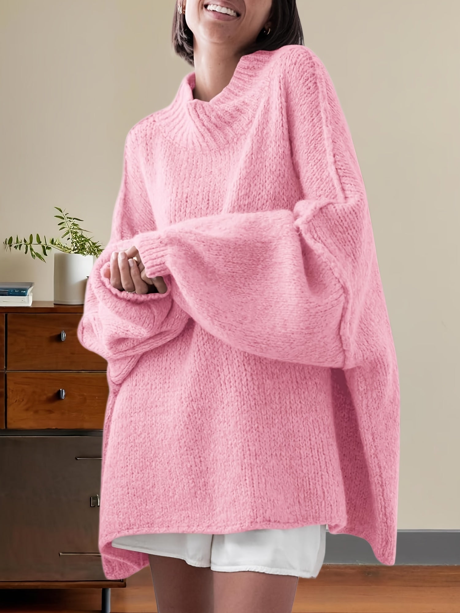 Women'S Oversized Batwing Sweater - Soft Stretchy Ribbed Tunic with Mock Neck & Asymmetrical Hem