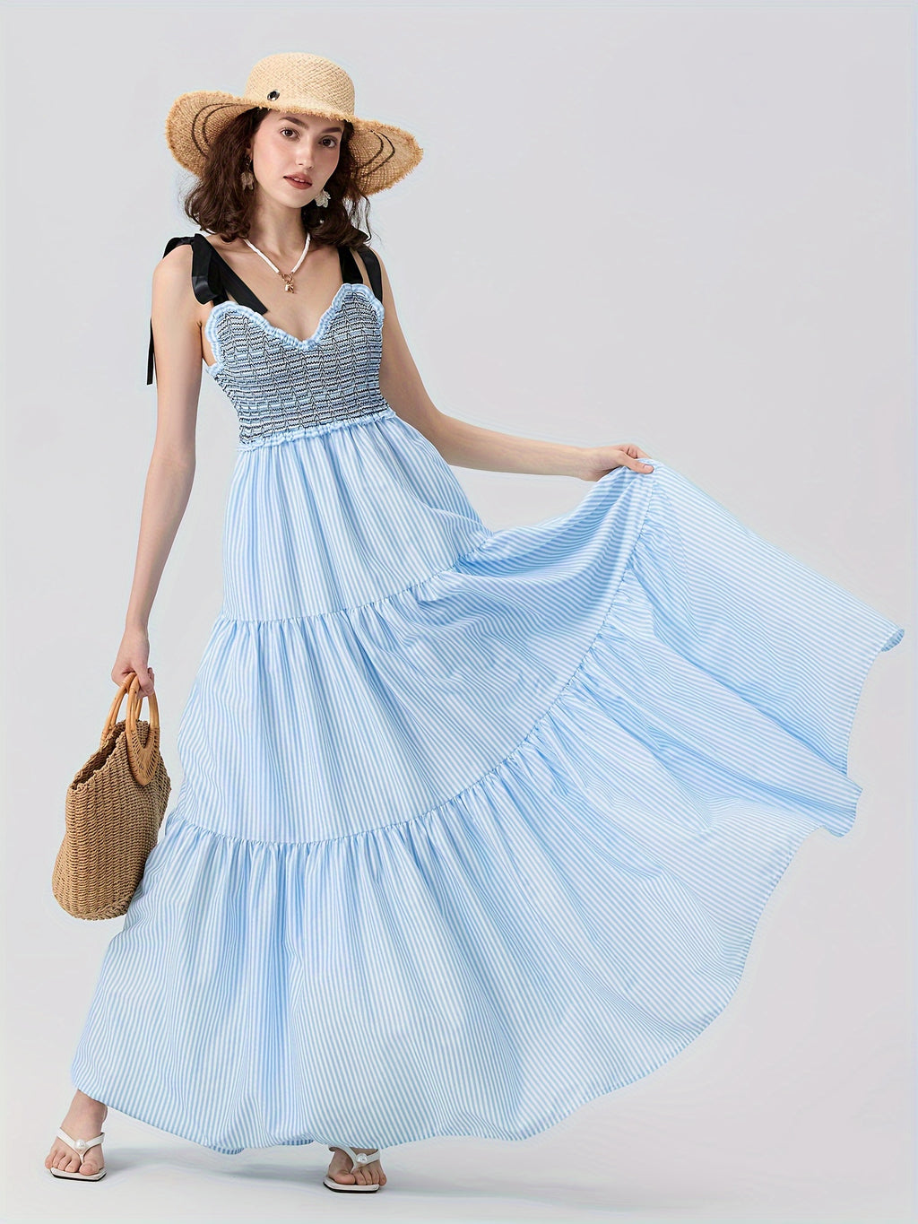 Women'S Sleeveless Ruffle Tiered Maxi Dress - Polyester and Spandex Blend with Striped Print