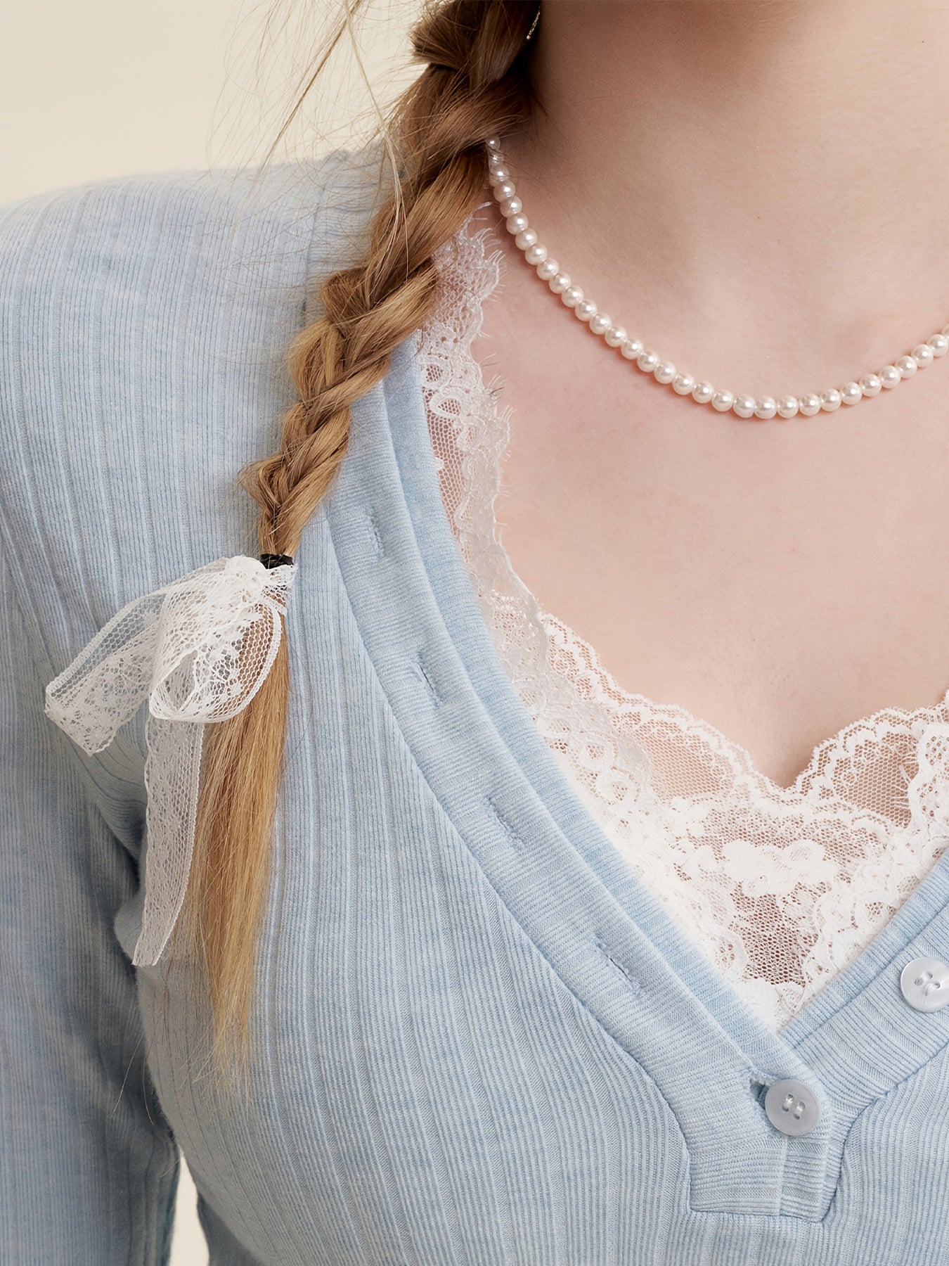 Women's Y2K Korean Style Slim-Fit Lace Trim Blouse - Low Neck Long Sleeve Button-Front Shirt