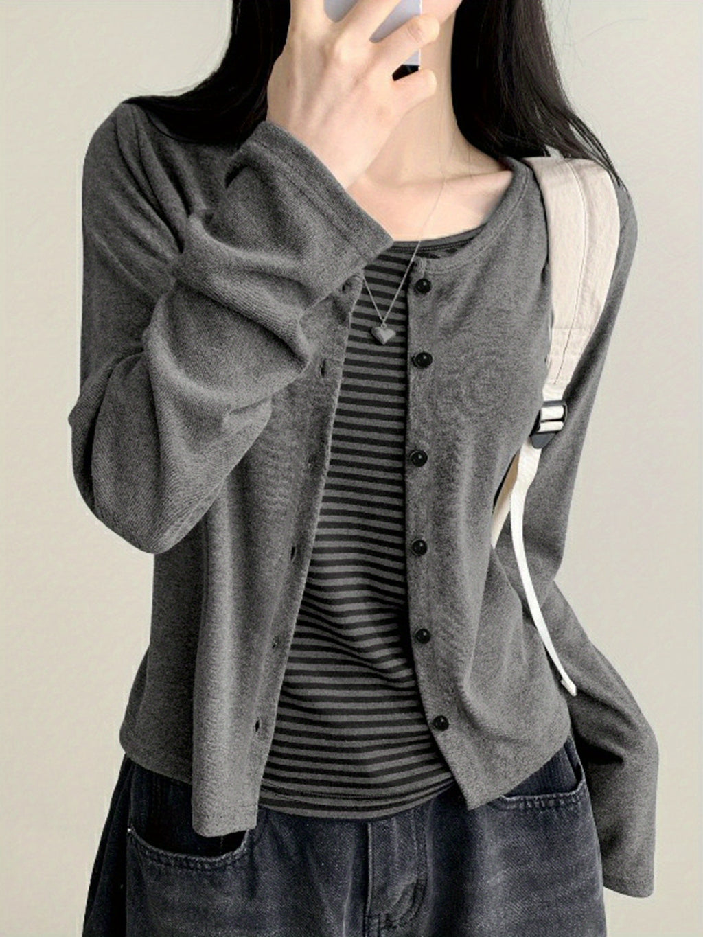 Color-Blocked Striped Patchwork Faux Two-Piece T-Shirt, Casual Single-Breasted Long-Sleeve Top