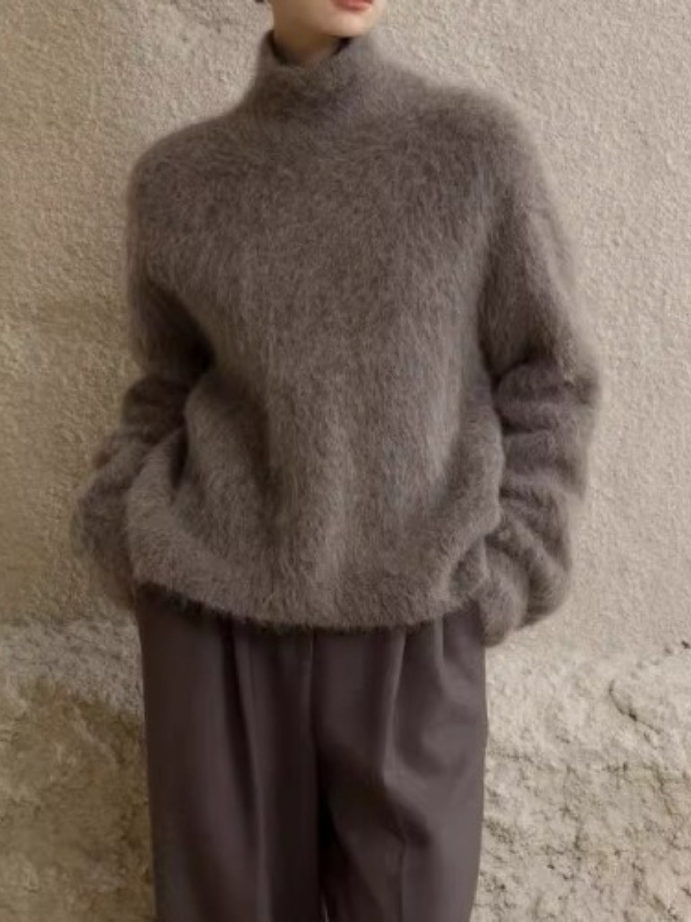 Women'S Elegant Faux Mink High Neck Sweater - Soft Thick Winter Sweater with Ribbed Collar & Long Sleeves