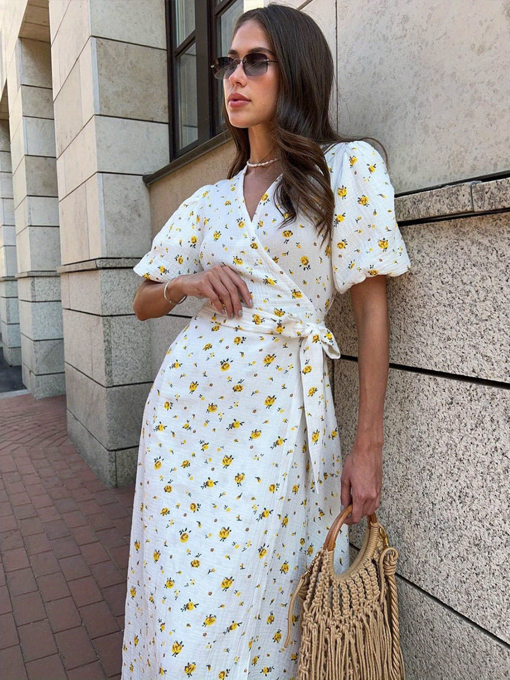 New 2025 European And American Style Pure Printed Dress for Women with Puff Sleeves