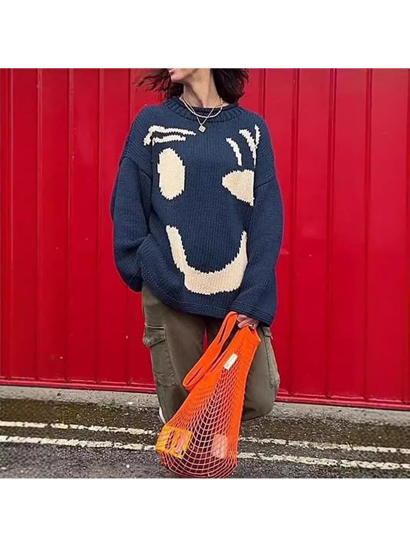 Women's 2025 New Style Smiling Face & joyful Contrast Color Block Sweater - Turquoise Blue & Mustard-Yellow joyful Design
