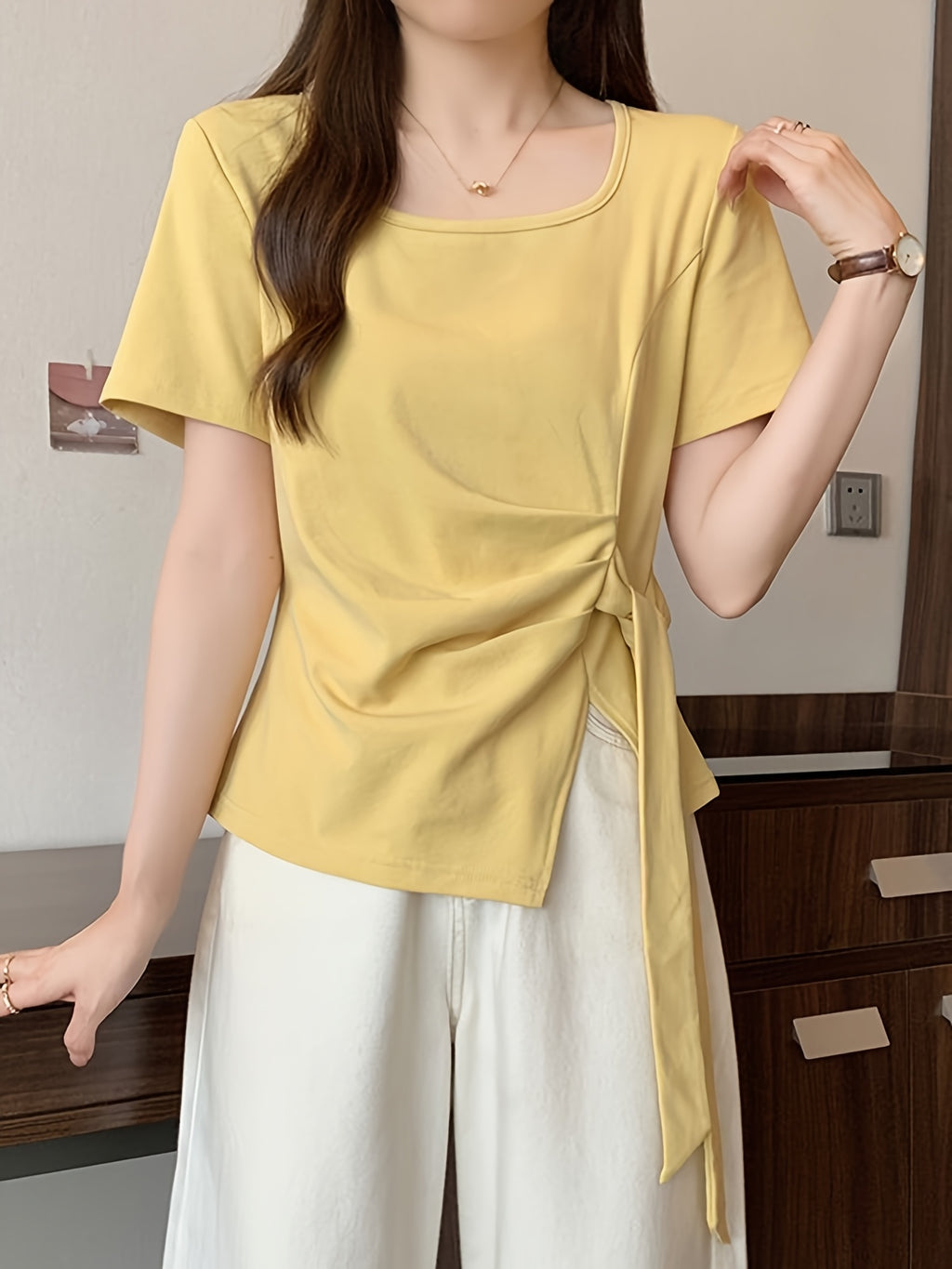 Women'S Light Blue Asymmetrical Short Sleeve Top with Tie-Waist Detail - Casual Summer Blouse