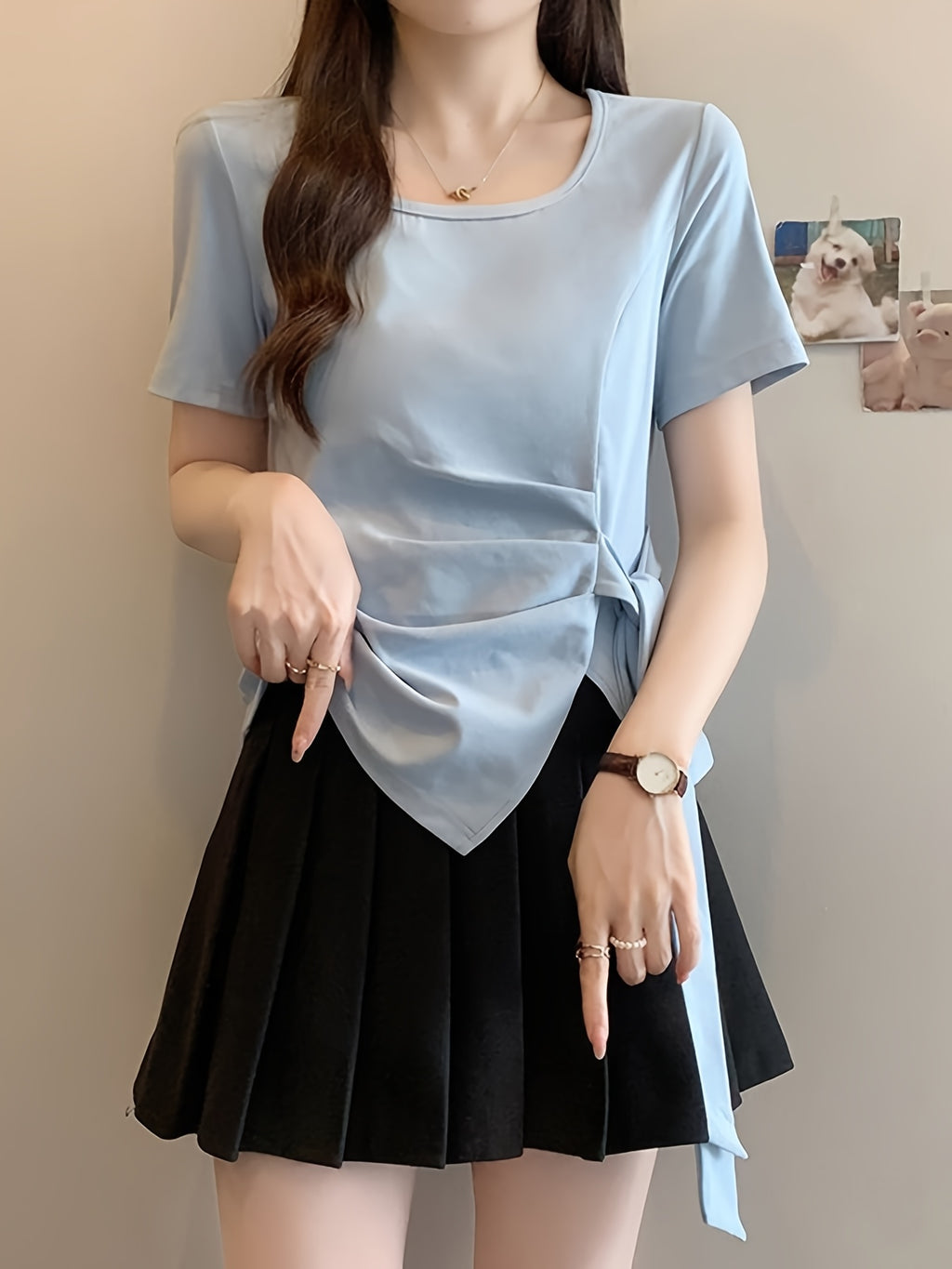 Women'S Light Blue Asymmetrical Short Sleeve Top with Tie-Waist Detail - Casual Summer Blouse