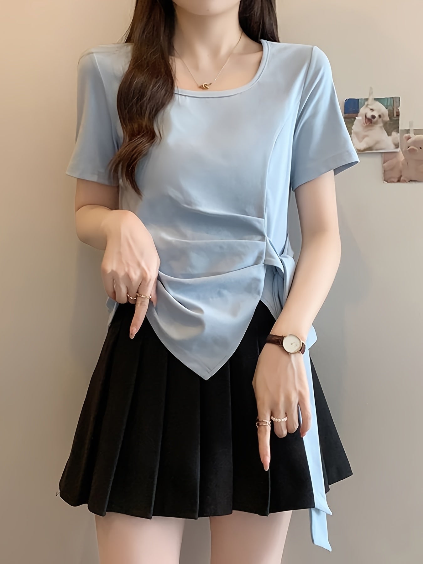 Women'S Light Blue Asymmetrical Short Sleeve Top with Tie-Waist Detail - Casual Summer Blouse