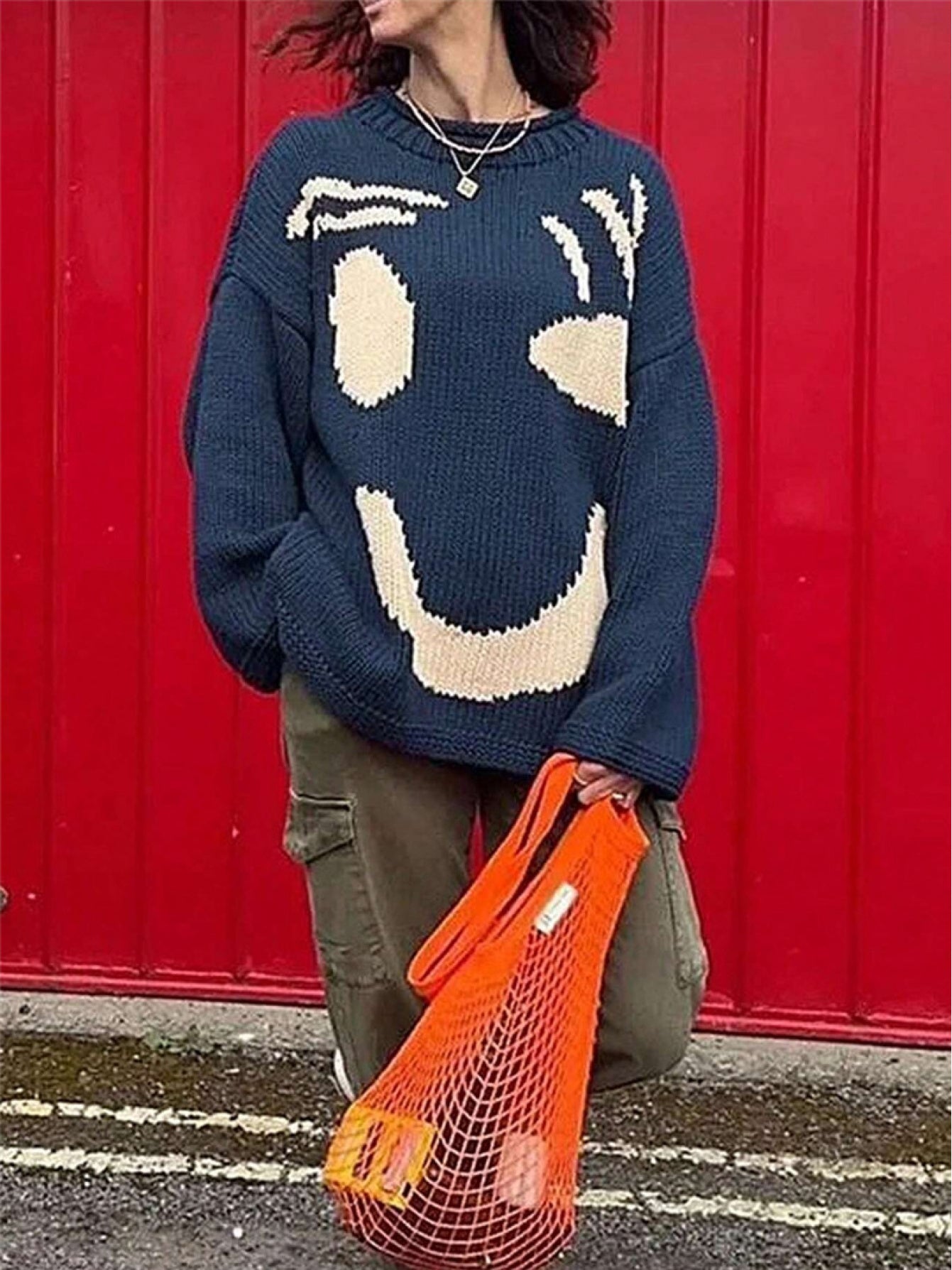 Women's 2025 New Style Smiling Face & joyful Contrast Color Block Sweater - Turquoise Blue & Mustard-Yellow joyful Design