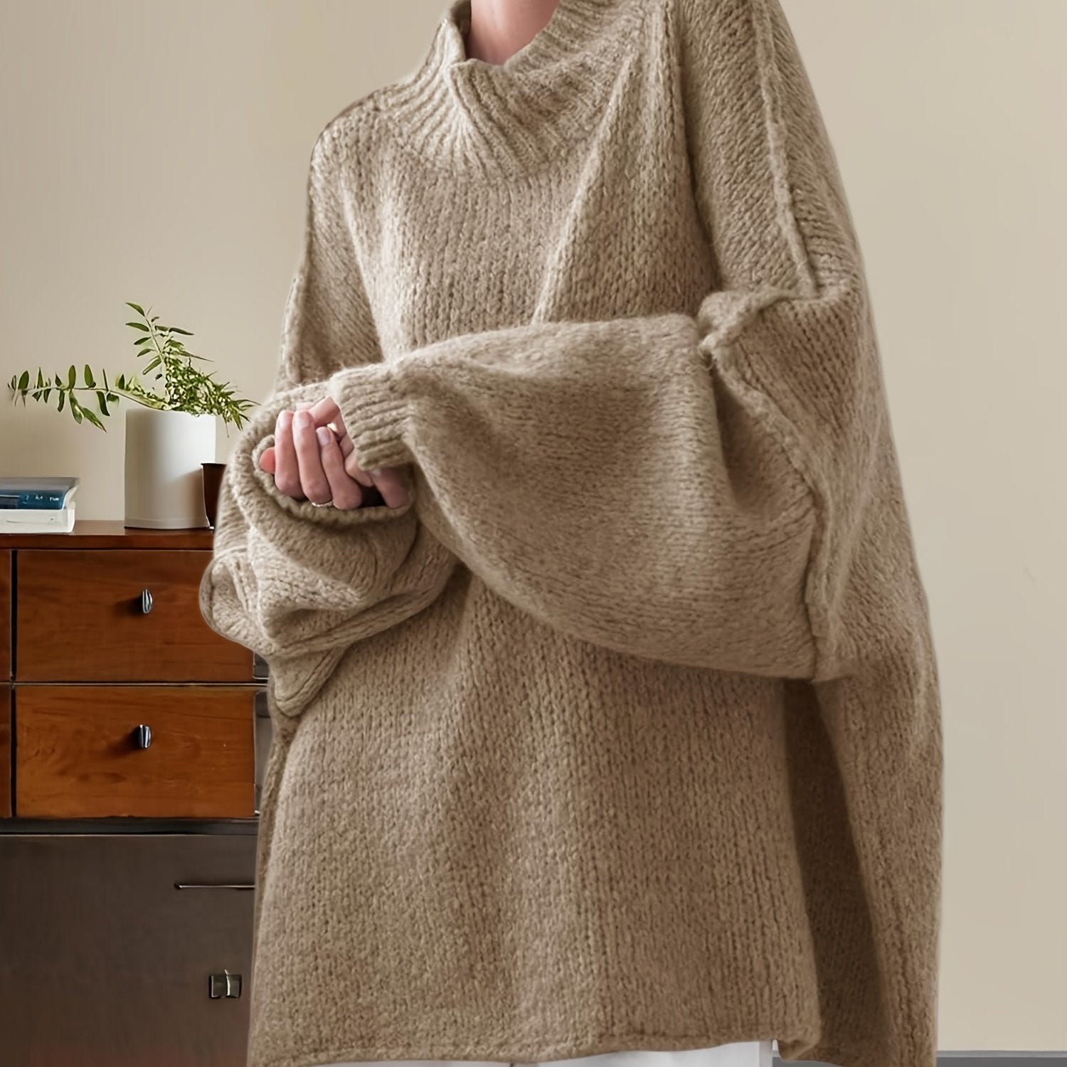 Women'S Oversized Batwing Sweater - Soft Stretchy Ribbed Tunic with Mock Neck & Asymmetrical Hem