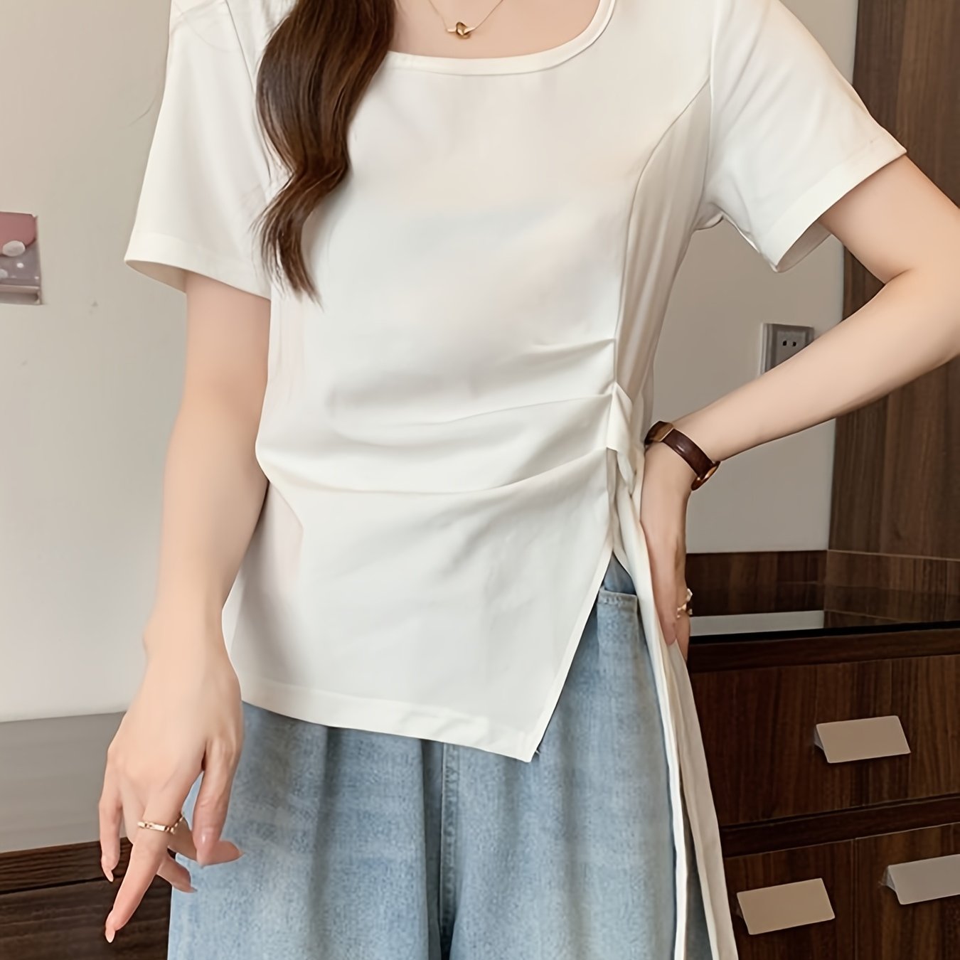 Women'S Light Blue Asymmetrical Short Sleeve Top with Tie-Waist Detail - Casual Summer Blouse