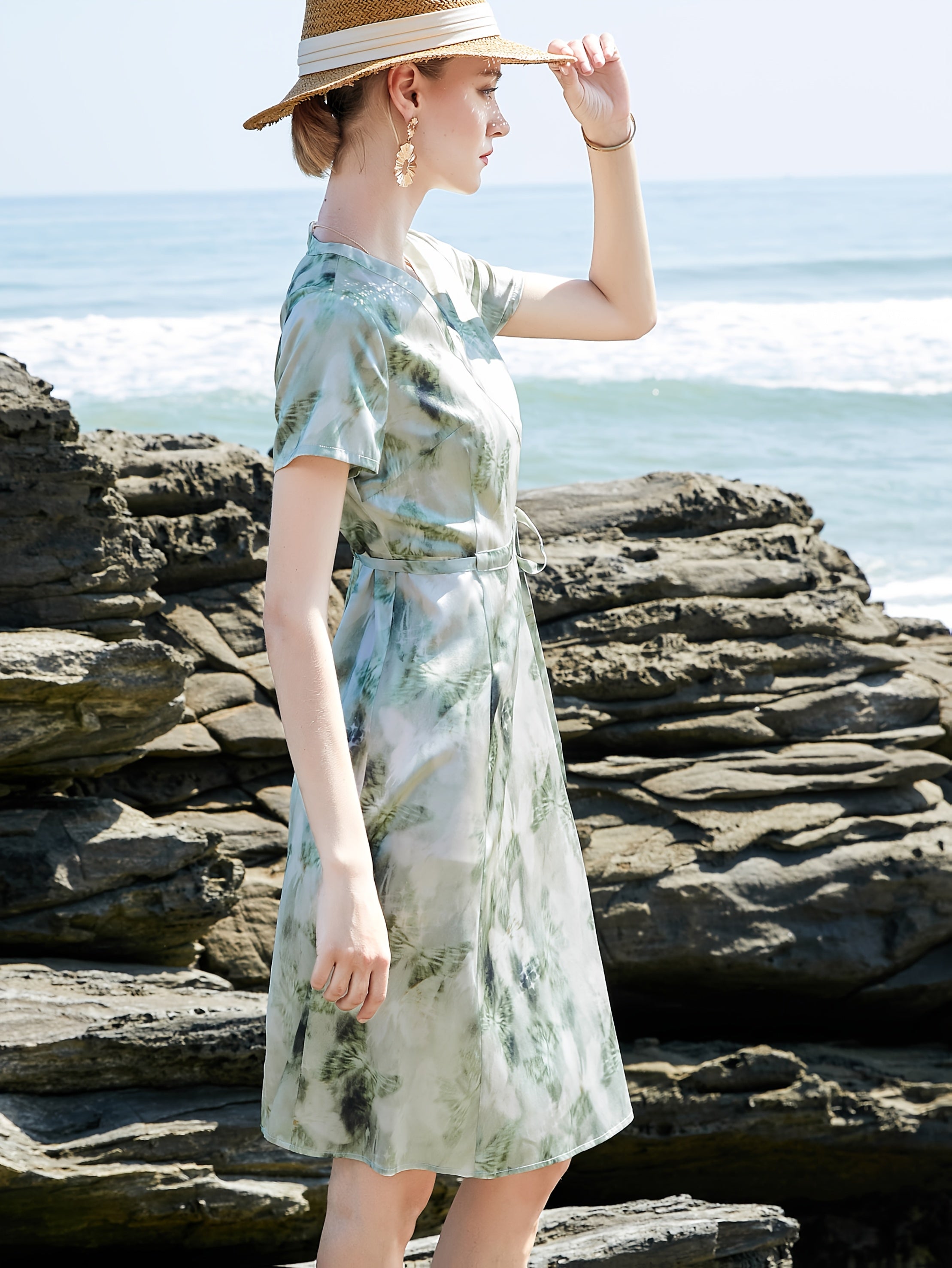 Mother's Day Gift Women's Elegant Floral Print - Breathable Formal & Casual Dresses With Adjustable Waist Tie