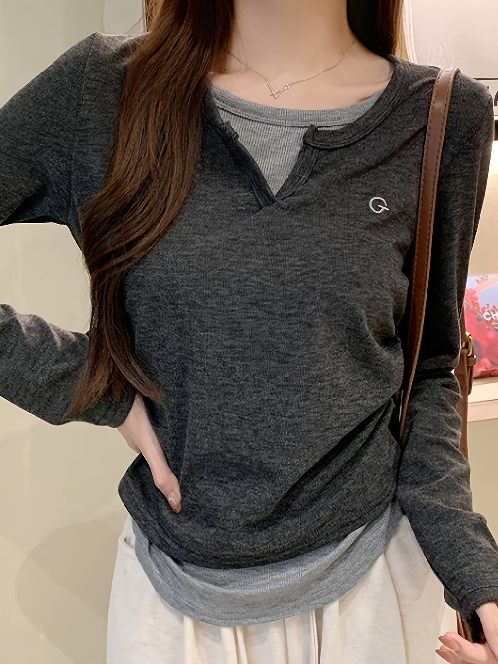 Women'S Slim-Fit Fashion V-Neck Blouse - Casual Long Sleeve Solid Color Top with Faux Layered Design