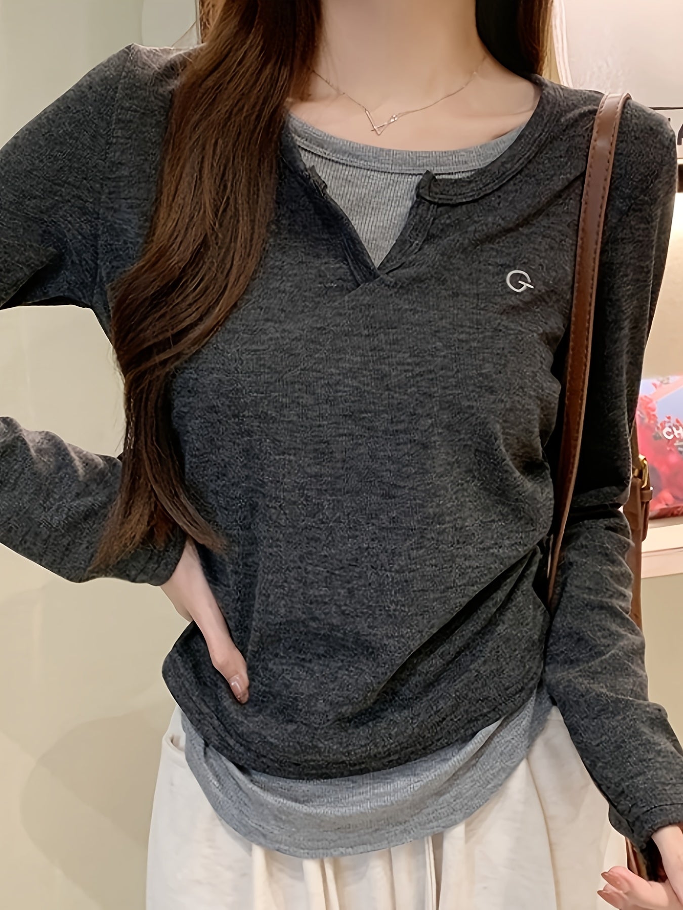 Women'S Slim-Fit Fashion V-Neck Blouse - Casual Long Sleeve Solid Color Top with Faux Layered Design