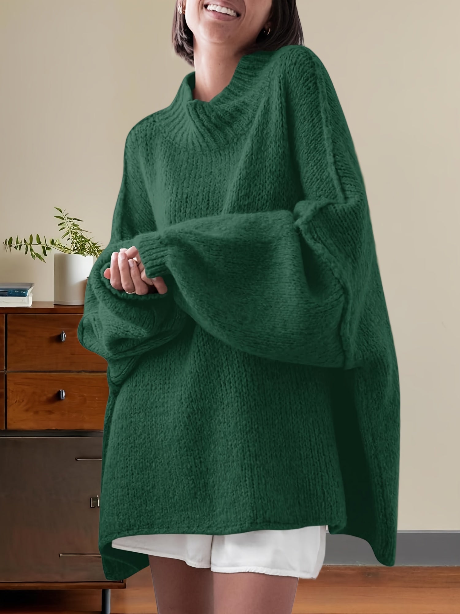 Women'S Oversized Batwing Sweater - Soft Stretchy Ribbed Tunic with Mock Neck & Asymmetrical Hem