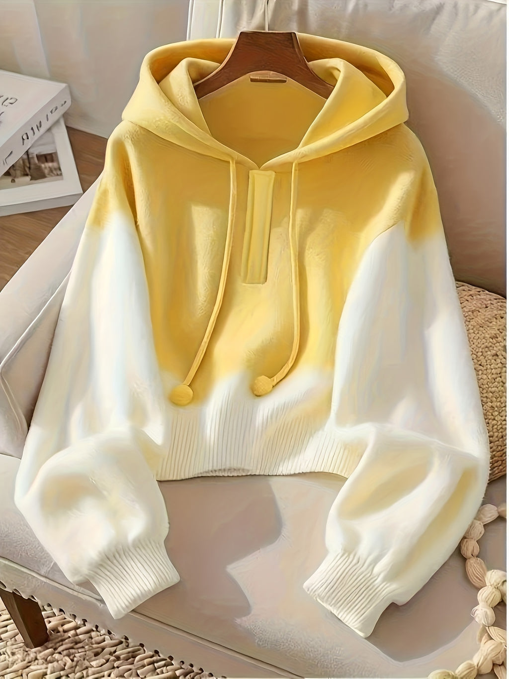 Mustard-Yellow Hooded Sweater - Elegant Winter Sweater Coat with White Collar & Button Closure