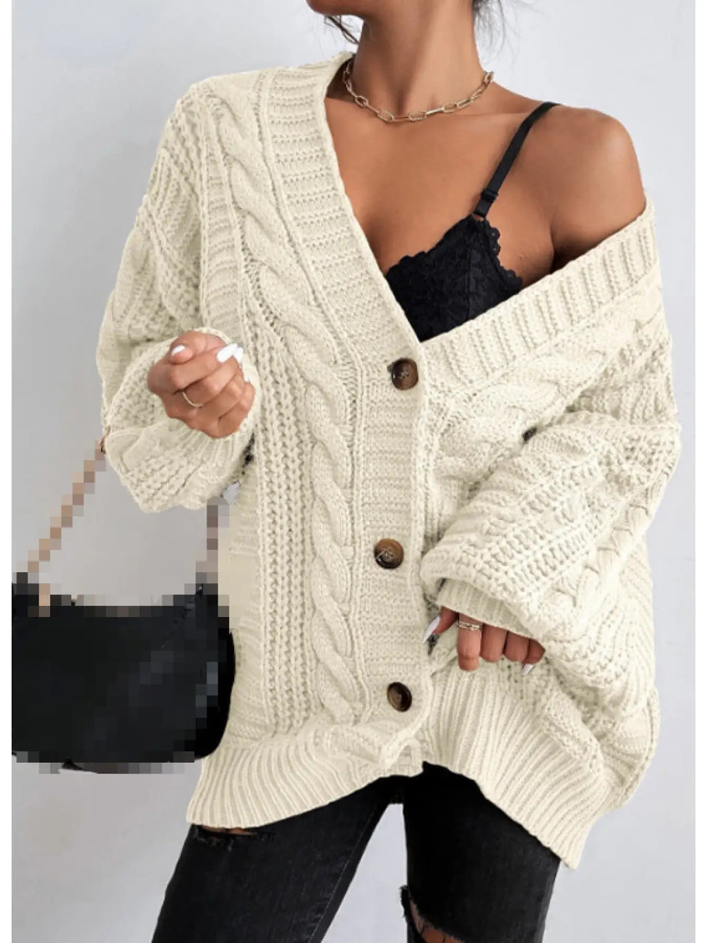 Women's Elegant Winter Cardigan Jacket - Oversized Collared Sweater Coat with Lantern Sleeves & Fringe Trim