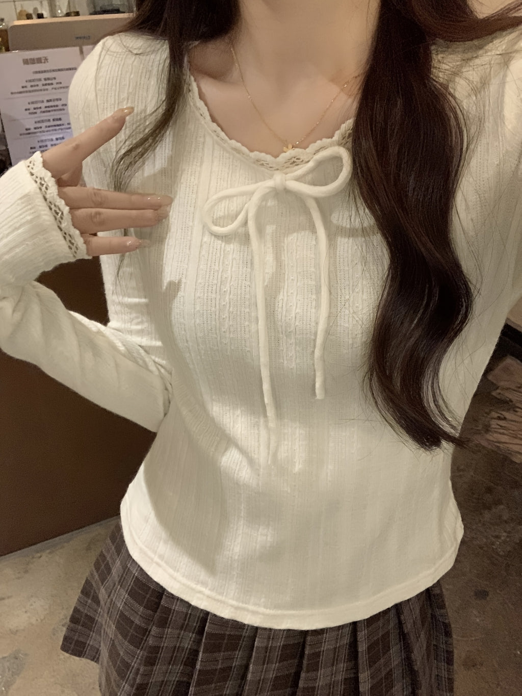 French Lace Trim Bow Tie Long Sleeve Women's T-Shirt Top - New Autumn\u002FWinter Slim Fit Casual Elegant Base Layer