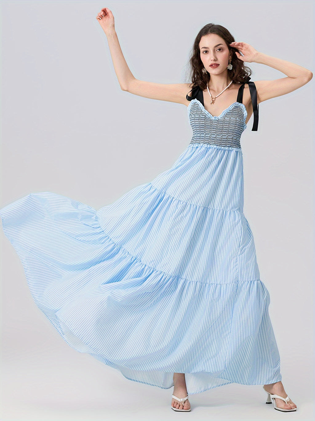 Women'S Sleeveless Ruffle Tiered Maxi Dress - Polyester and Spandex Blend with Striped Print