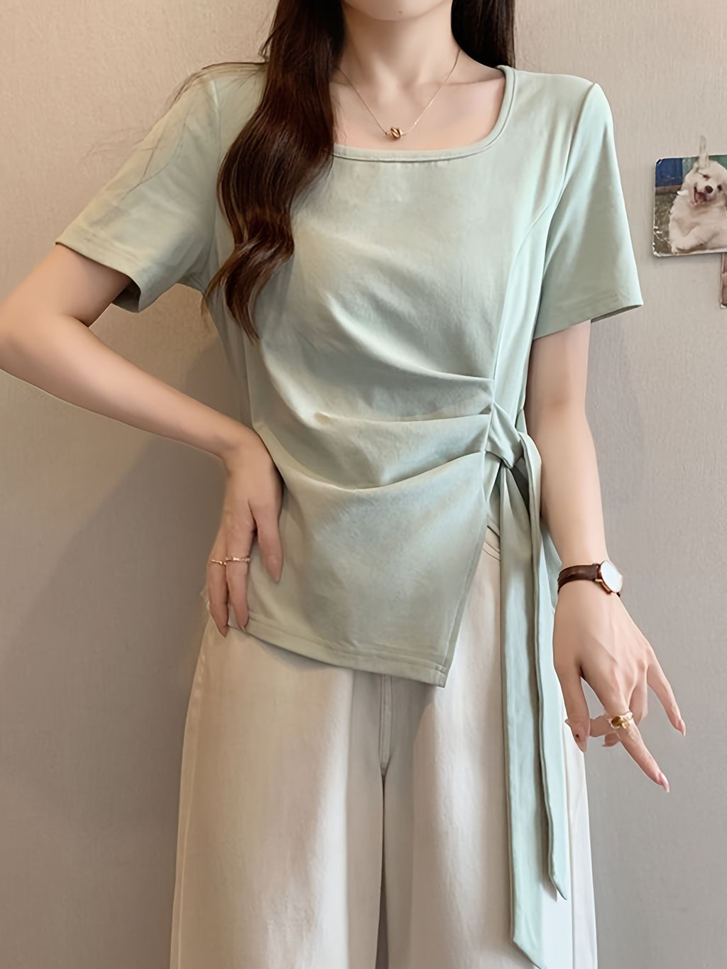 Women'S Light Blue Asymmetrical Short Sleeve Top with Tie-Waist Detail - Casual Summer Blouse