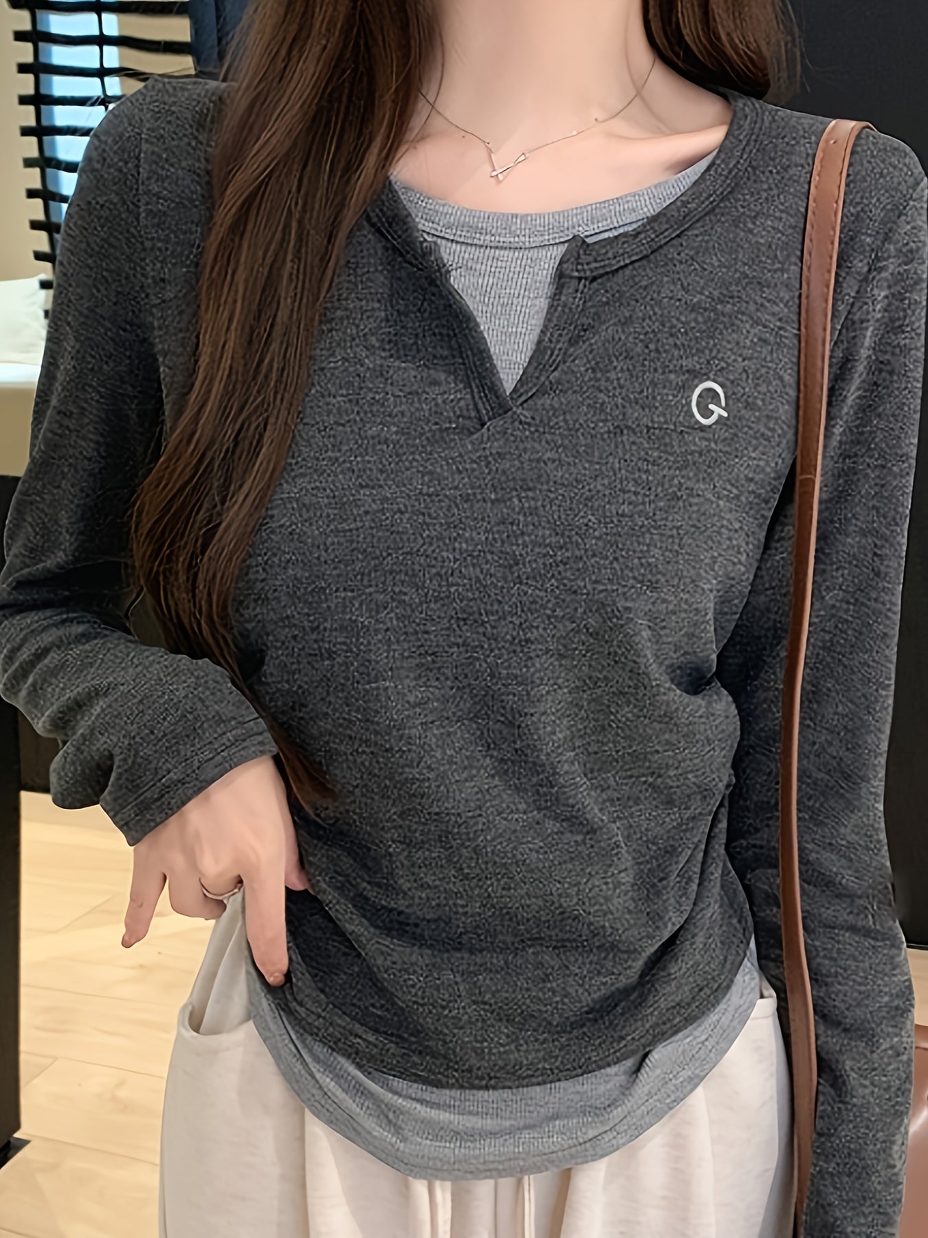 Women'S Slim-Fit Fashion V-Neck Blouse - Casual Long Sleeve Solid Color Top with Faux Layered Design