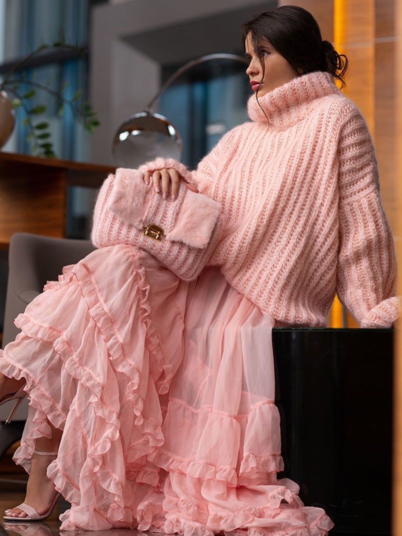 Women'S Soft Fluffy Sweater - Cozy Long Sleeve Round Neck Winter Pullover with Ruffled Hem & Sleeve Edges