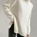 Women's Elegant High Neck Turtleneck Sweater - Oversized Loose Fit Long Sleeve Sweater with White Piping Trim