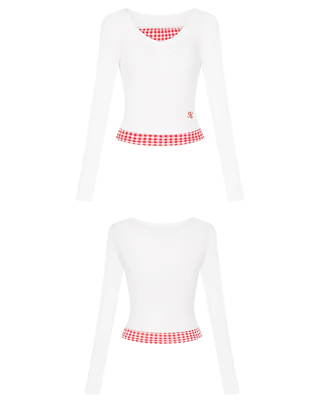 Women'S Slim-Fit V-Neck Long Sleeve T-Shirt - Red & White Checkered Color-Block Design, Cropped Length