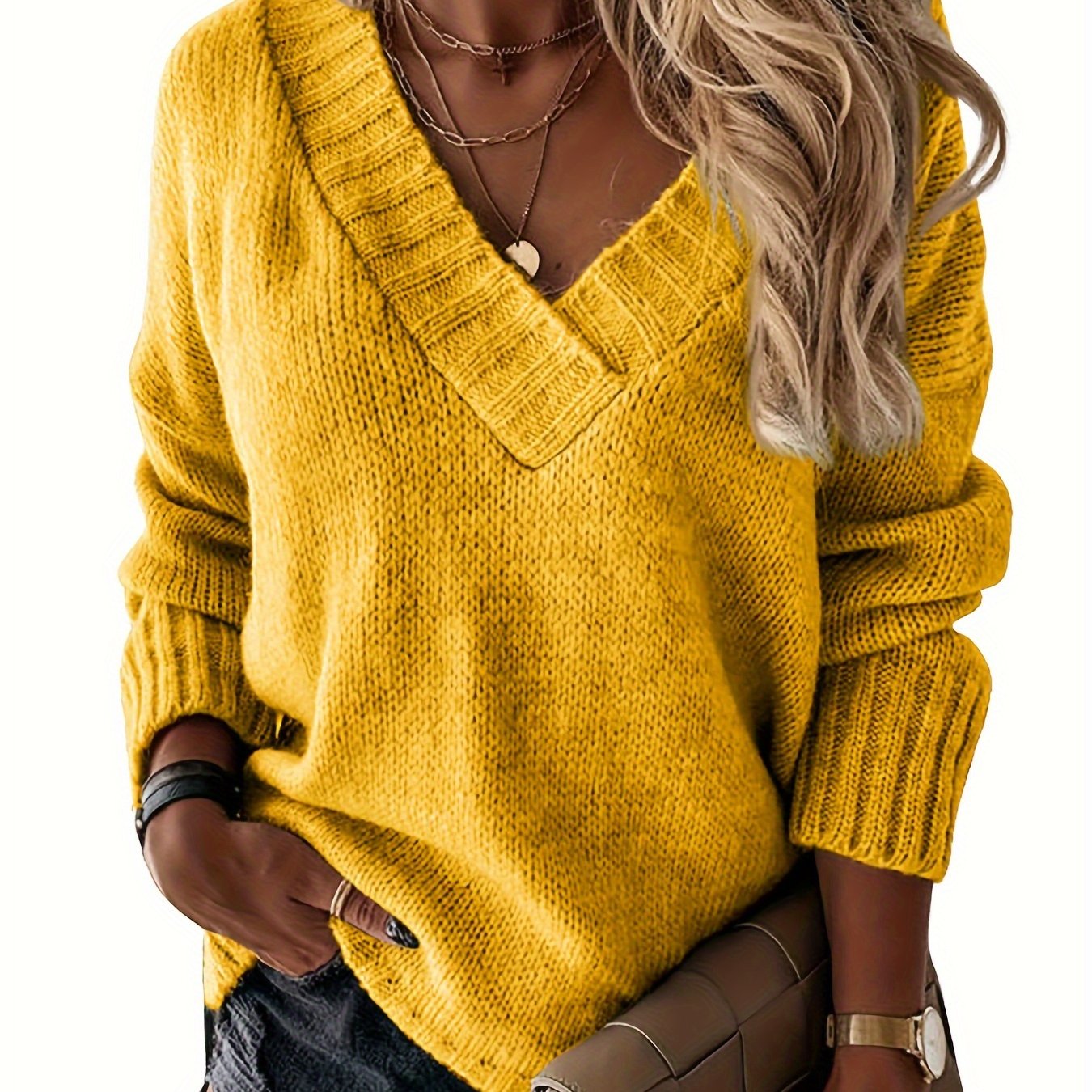 Womens Loose Sweaters Sexy V Neck Long Sleeve Solid Knitted Jumper Pullover Sweatshirt Tops