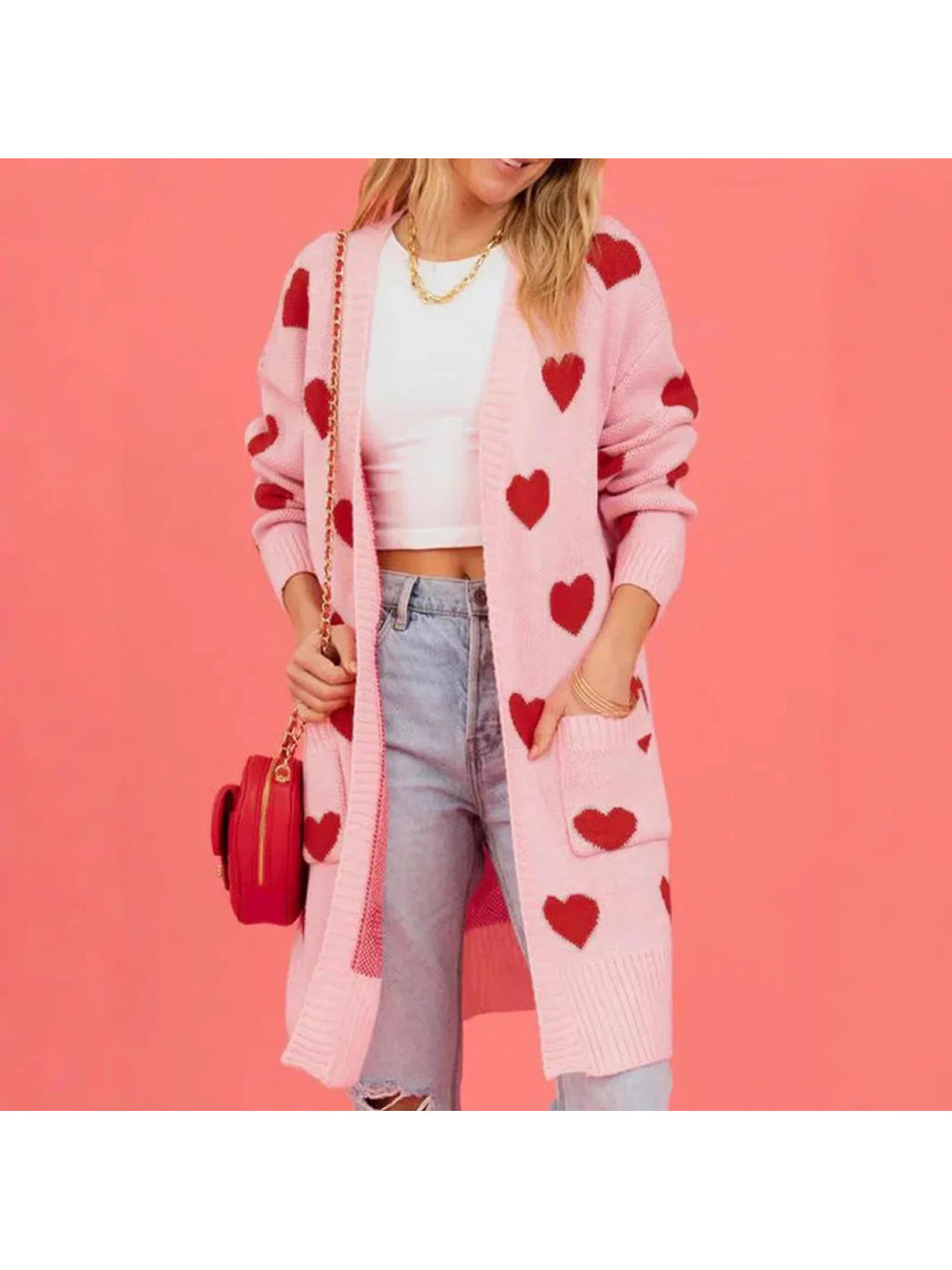 Women'S Soft Pink Cardigan Sweater - Buttonless Open Front Design with Heart Pattern