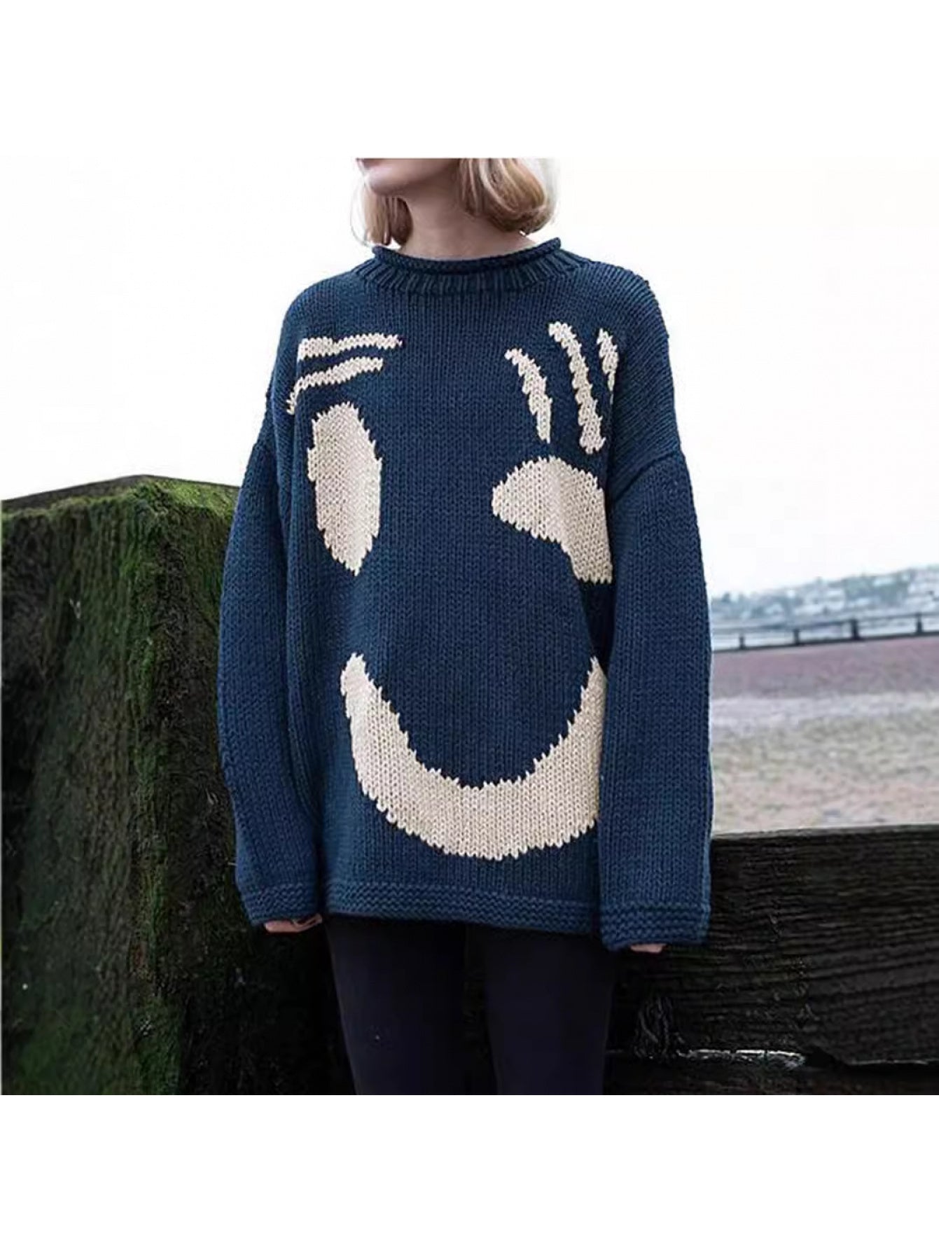 Women's 2025 New Style Smiling Face & joyful Contrast Color Block Sweater - Turquoise Blue & Mustard-Yellow joyful Design