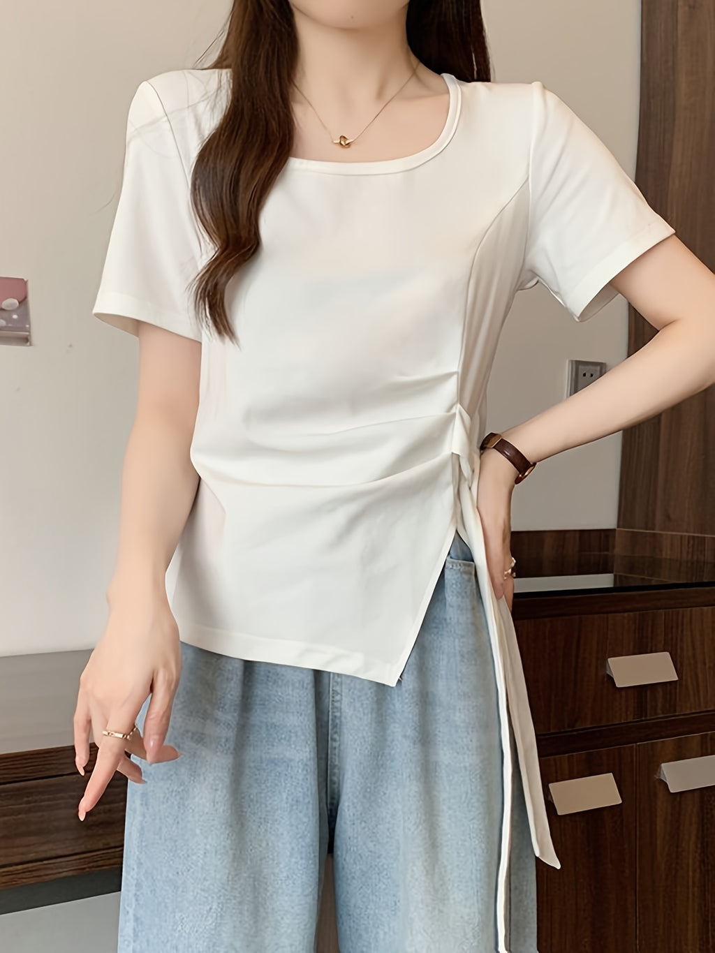 Women'S Light Blue Asymmetrical Short Sleeve Top with Tie-Waist Detail - Casual Summer Blouse
