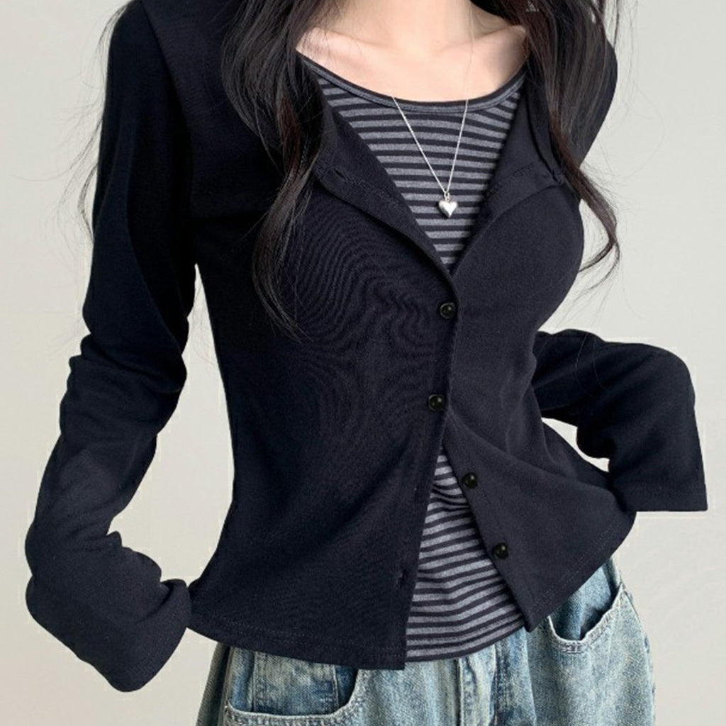 Color-Blocked Striped Patchwork Faux Two-Piece T-Shirt, Casual Single-Breasted Long-Sleeve Top