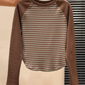 Women's Elegant Retro Brown\u002FBeige\u002FWhite Striped Long Sleeve T-Shirt