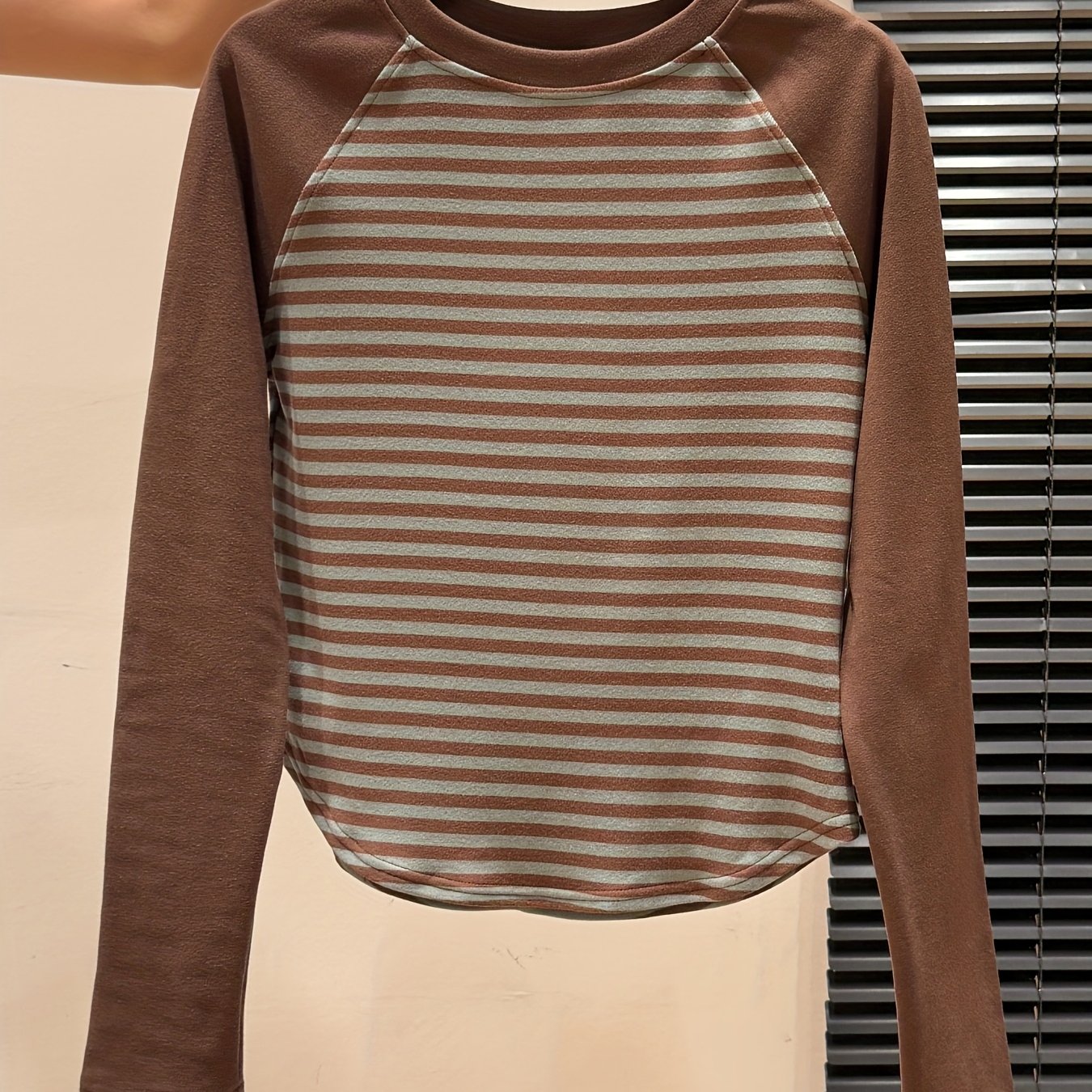 Women's Elegant Retro Brown\u002FBeige\u002FWhite Striped Long Sleeve T-Shirt
