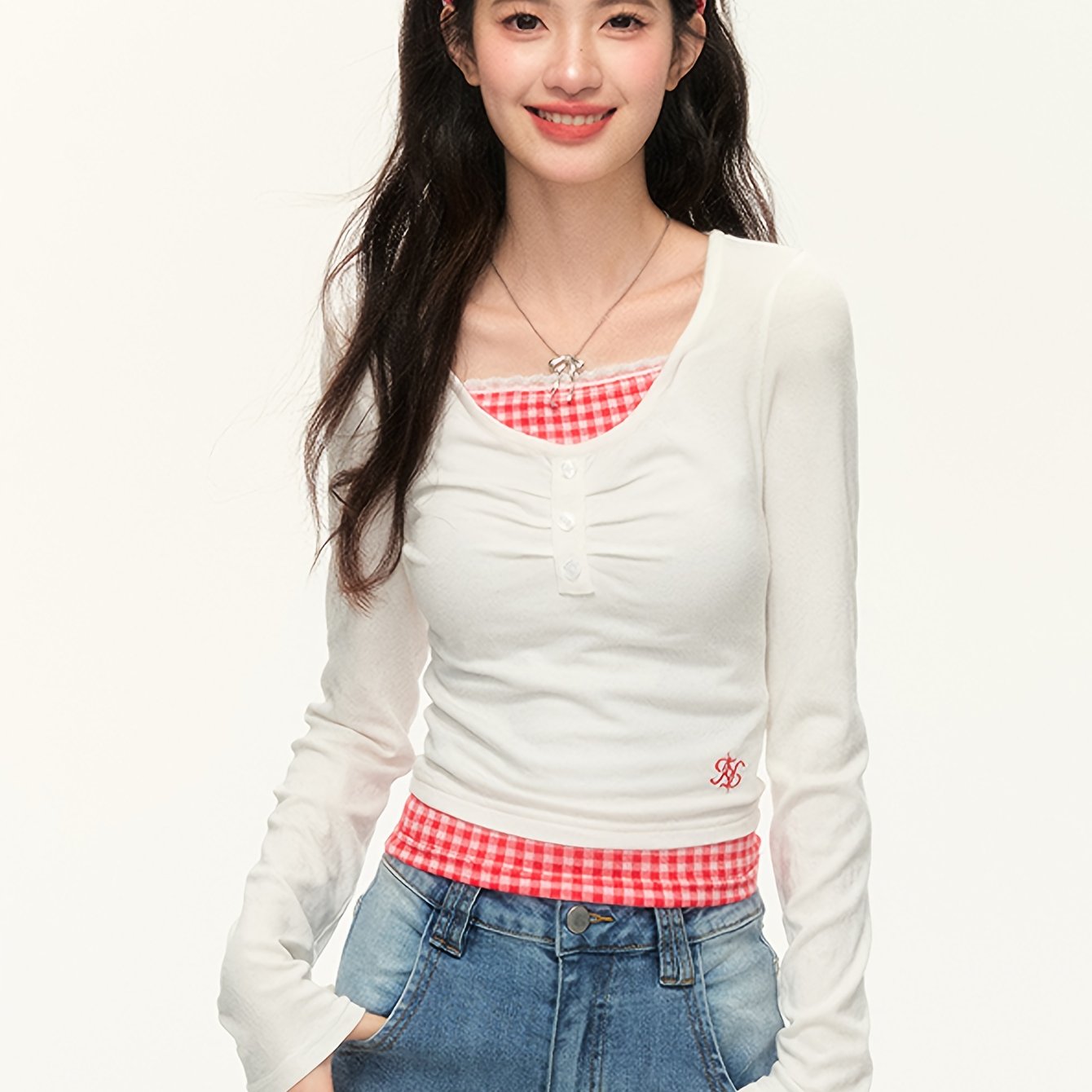 Women'S Slim-Fit V-Neck Long Sleeve T-Shirt - Red & White Checkered Color-Block Design, Cropped Length