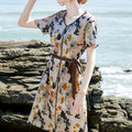2025 New Summer Dress for Women - Heavyweight Mulberry Silky Long Sleeve V-Neck with Belted Waist & Floral Print