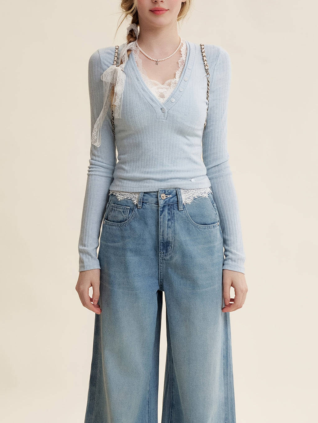 Women's Y2K Korean Style Slim-Fit Lace Trim Blouse - Low Neck Long Sleeve Button-Front Shirt