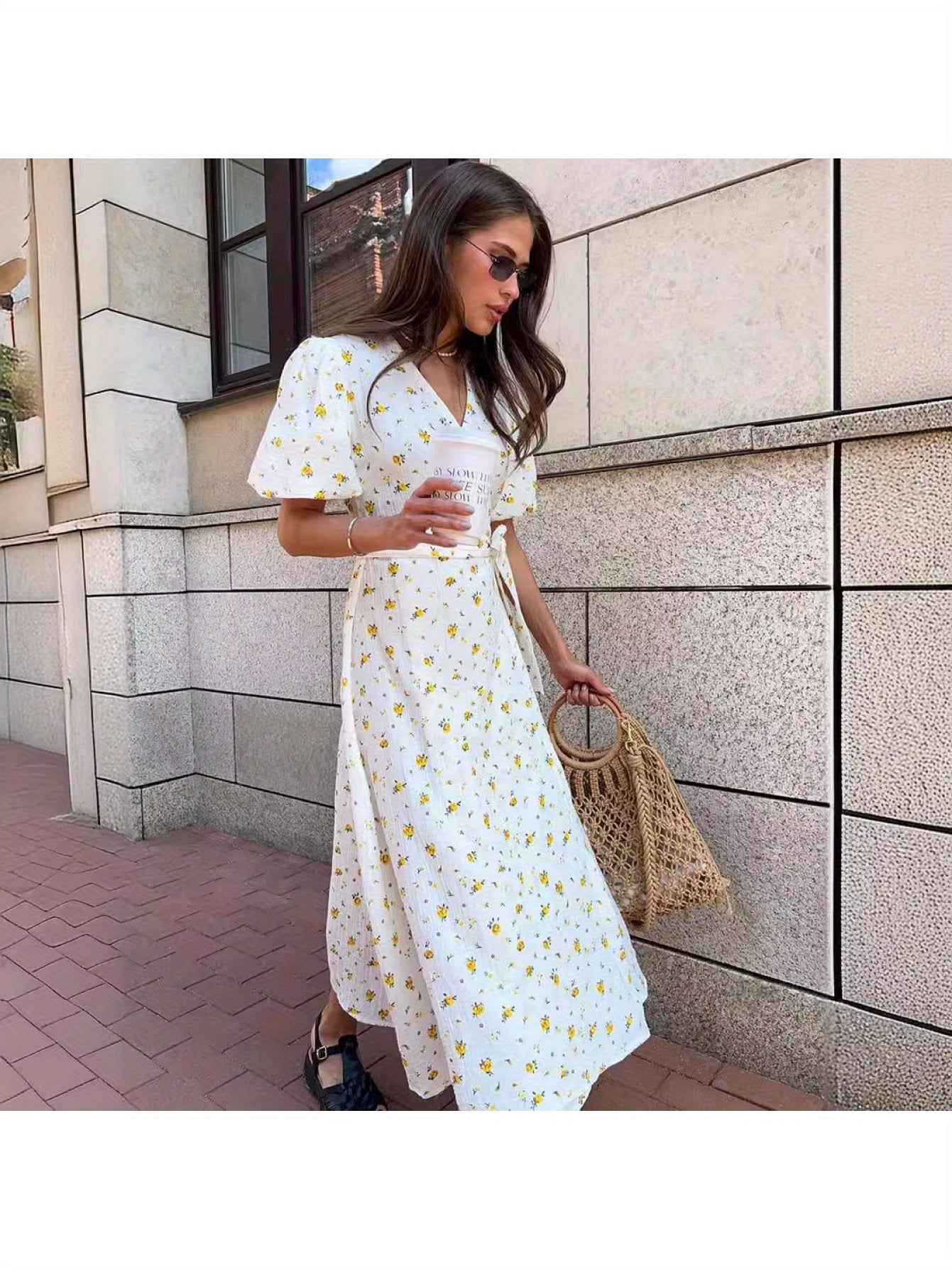 New 2025 European And American Style Pure Printed Dress for Women with Puff Sleeves