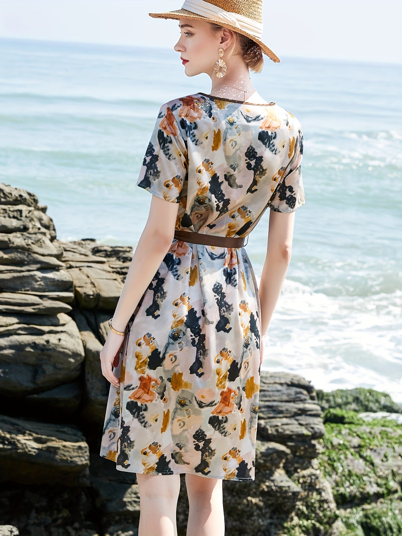 2025 New Summer Dress for Women - Heavyweight Mulberry Silky Long Sleeve V-Neck with Belted Waist & Floral Print