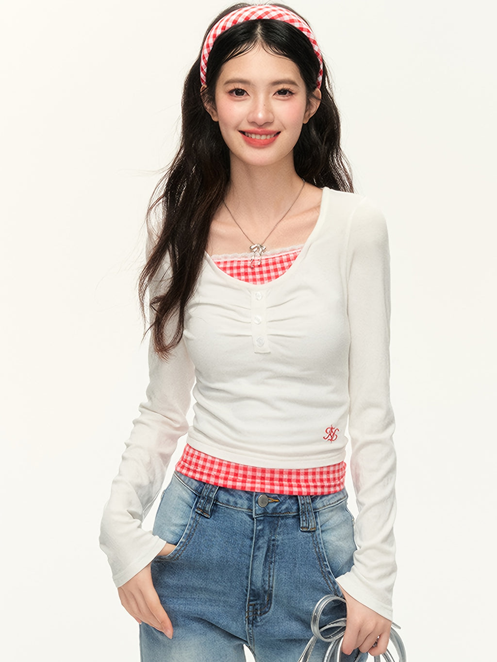 Women'S Slim-Fit V-Neck Long Sleeve T-Shirt - Red & White Checkered Color-Block Design, Cropped Length