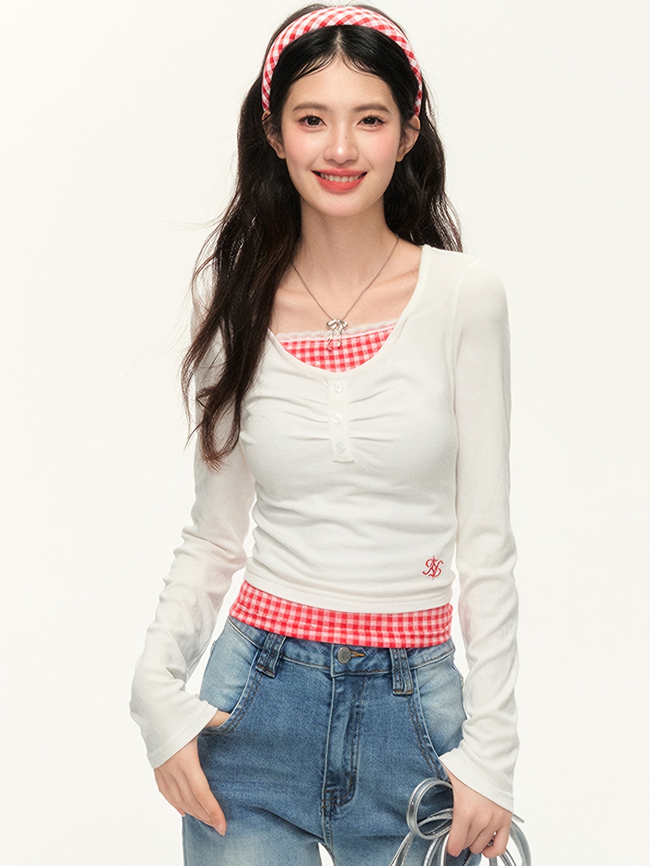 Women'S Slim-Fit V-Neck Long Sleeve T-Shirt - Red & White Checkered Color-Block Design, Cropped Length
